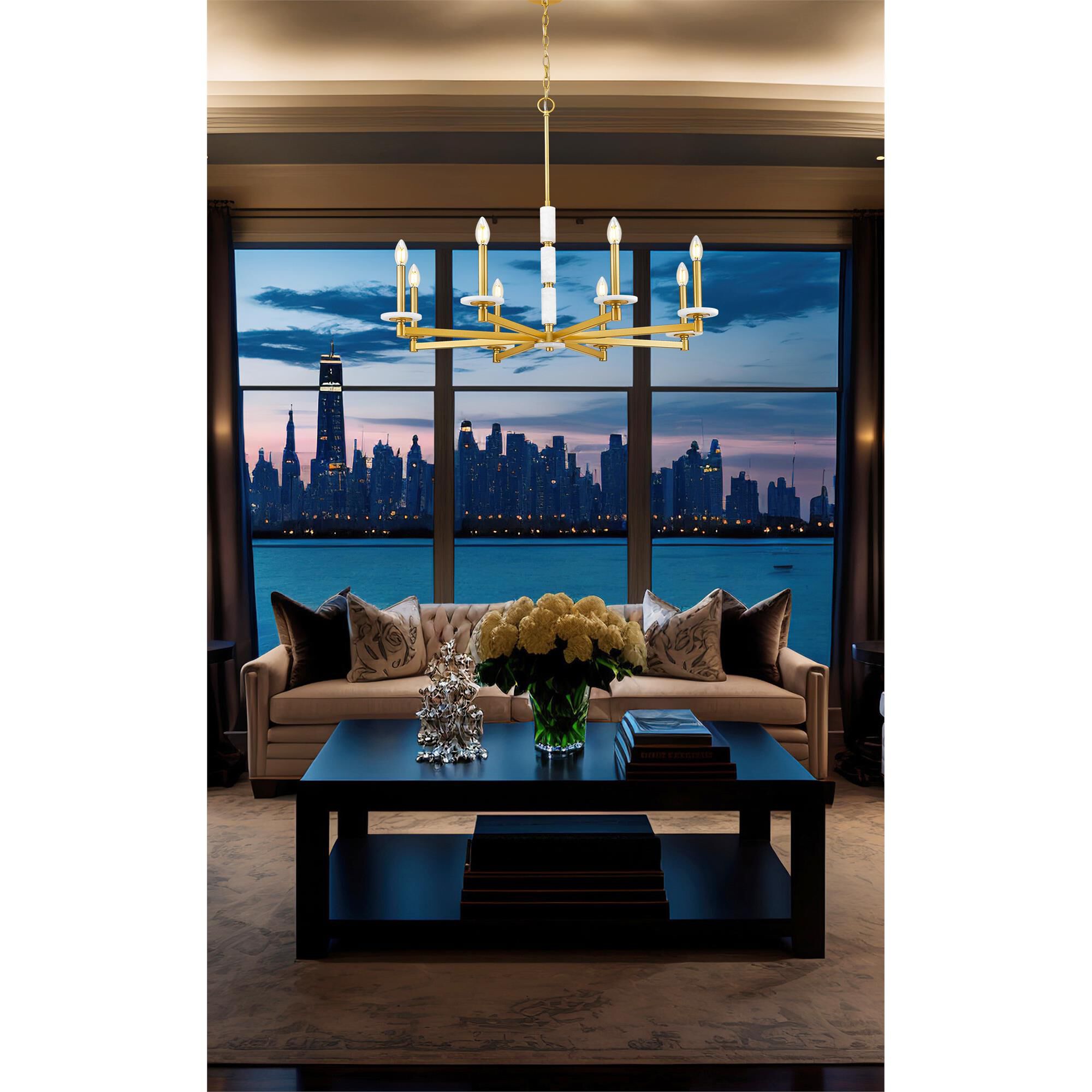 Shown in Modern Gold finish and Alabaster glass and Alabaster shade