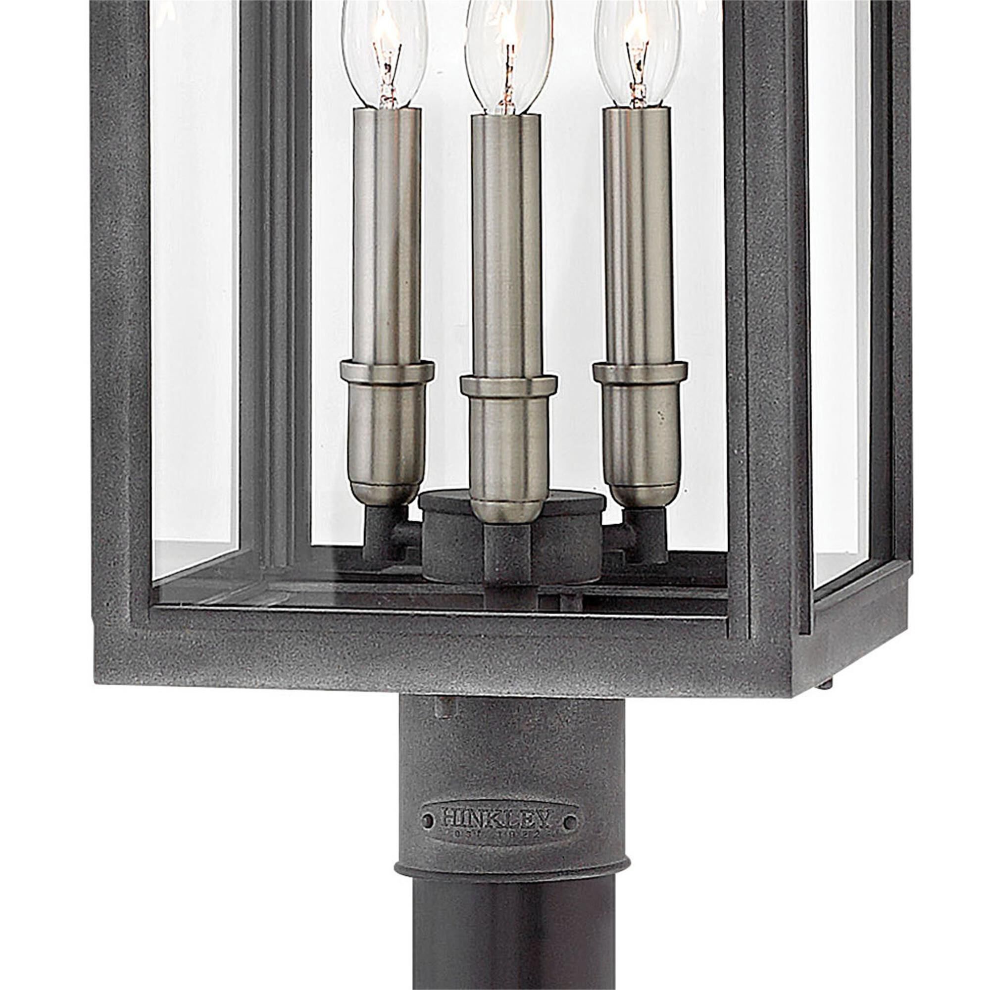 Shown in Aged Zinc finish and Clear glass
