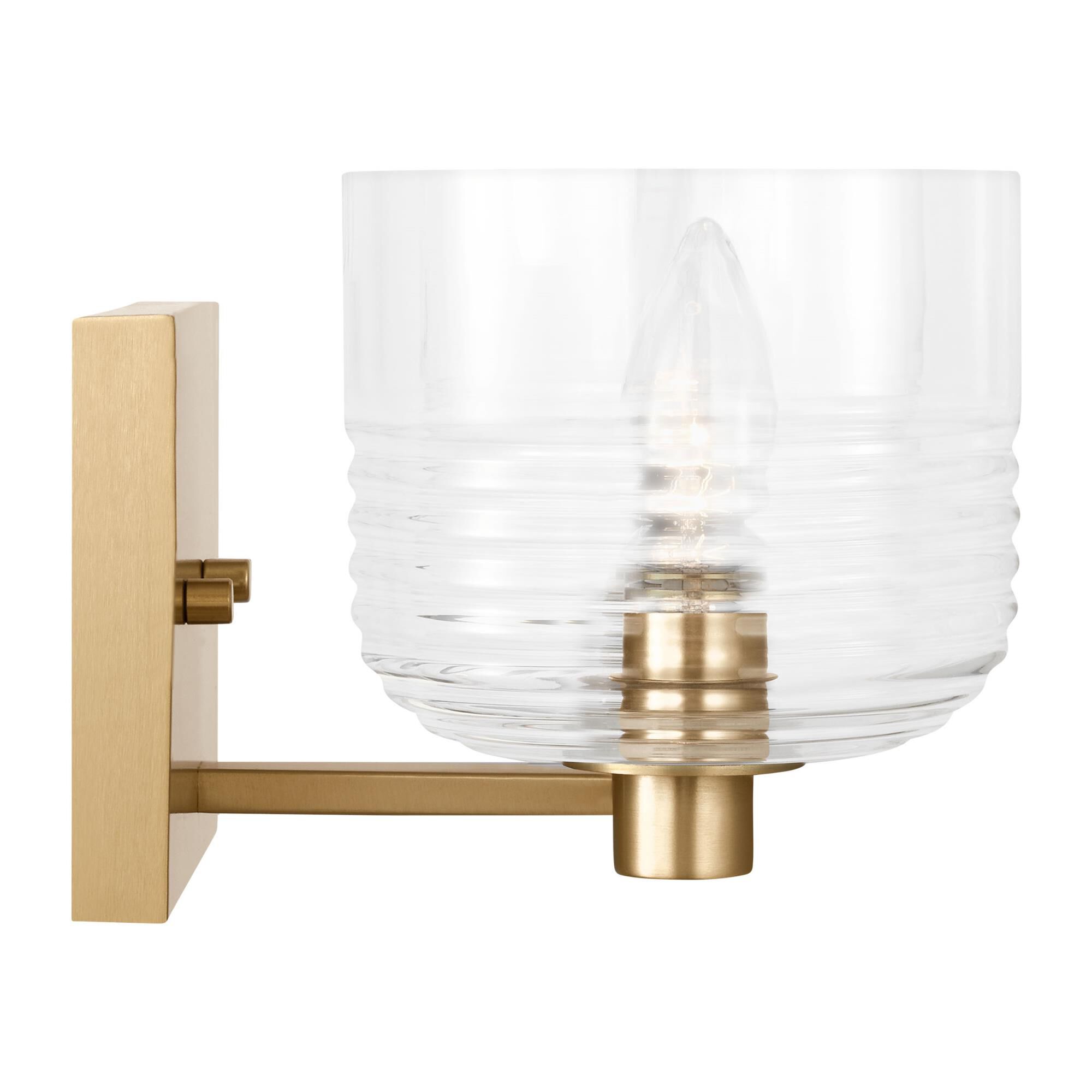 Shown in Satin Brass finish and Clear Ribbed glass