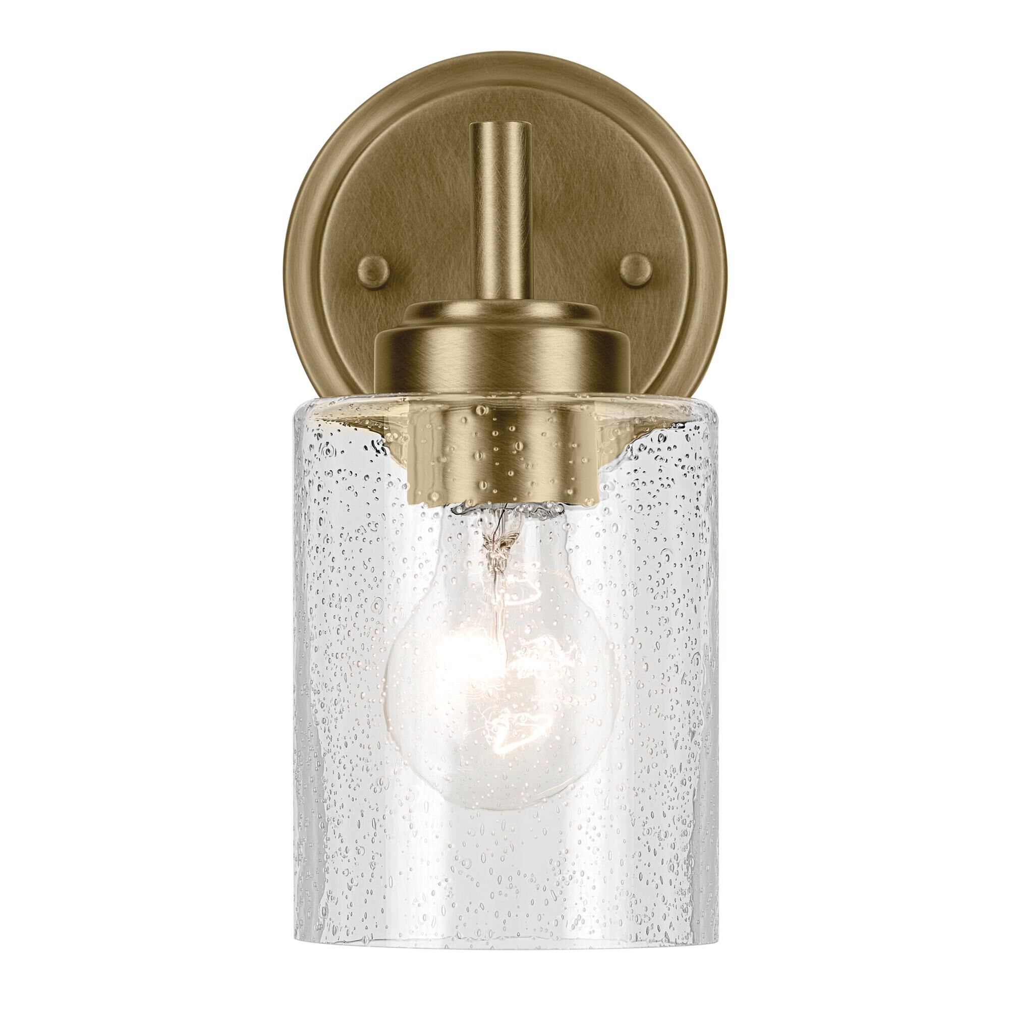 Shown in Natural Brass finish and Clear Seeded glass
