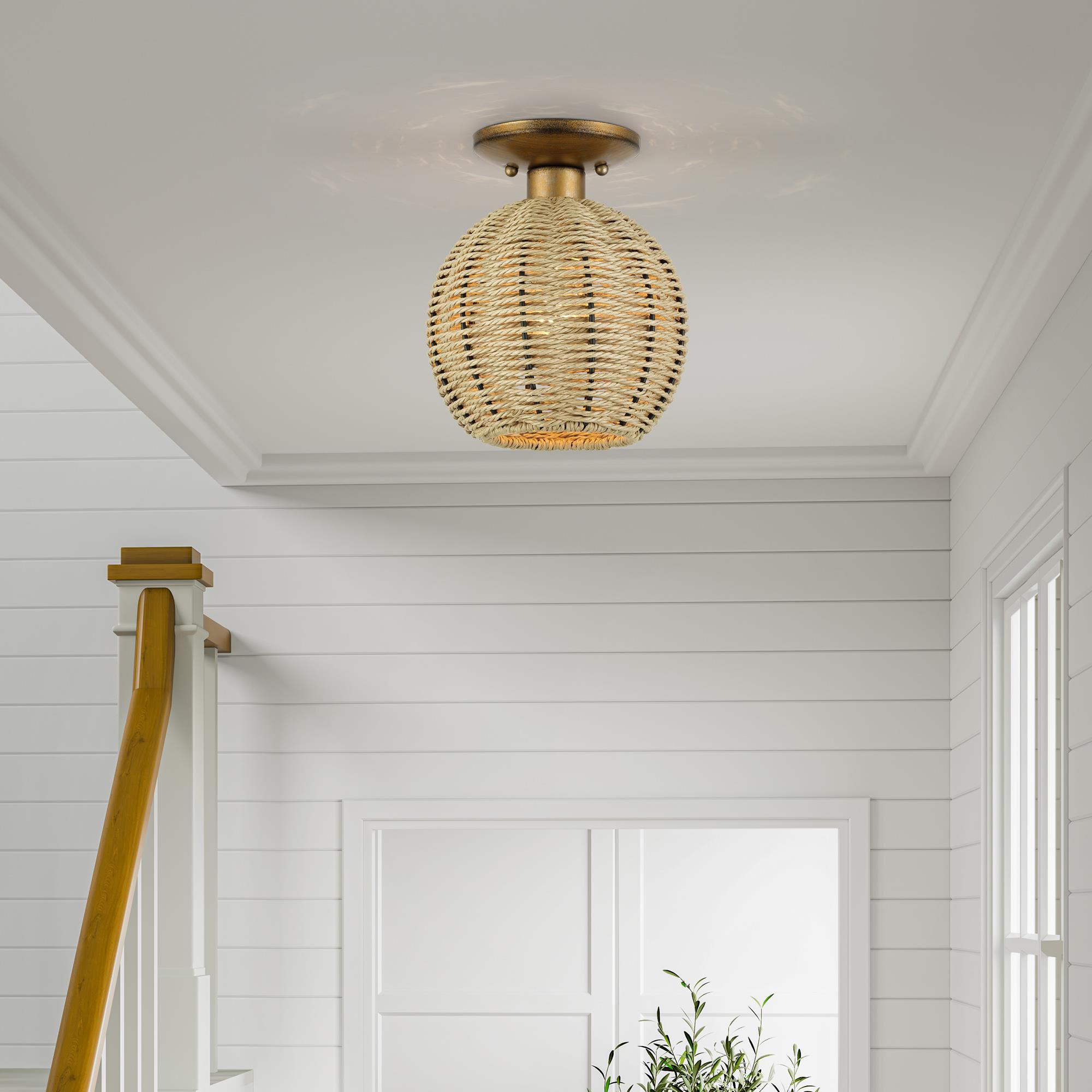 Shown in Antique Gold Leaf finish and Hand-Woven French Beige Paper Rope shade