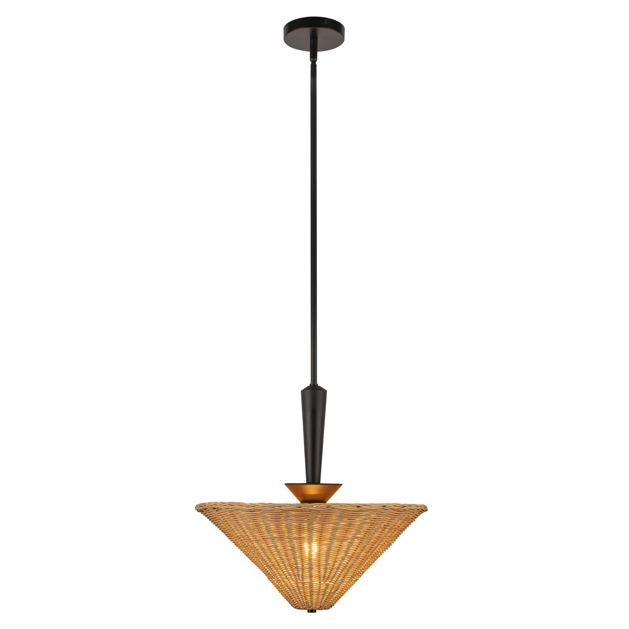 Shown in Matte Black finish and White Acrylic Diffuser glass and Rattan shade