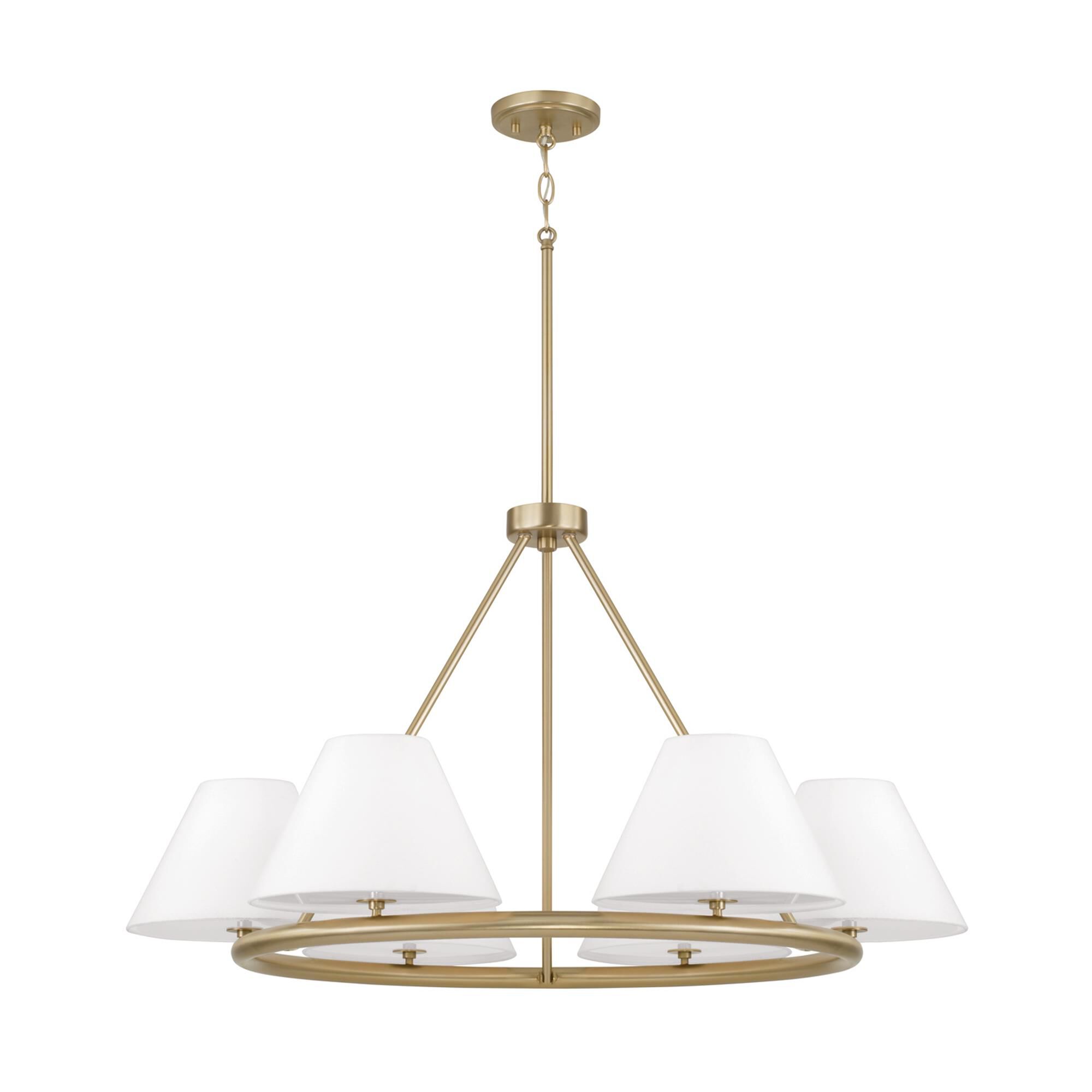 Shown in Matte Brass finish and Soft White Fabric Stay-Straight shade