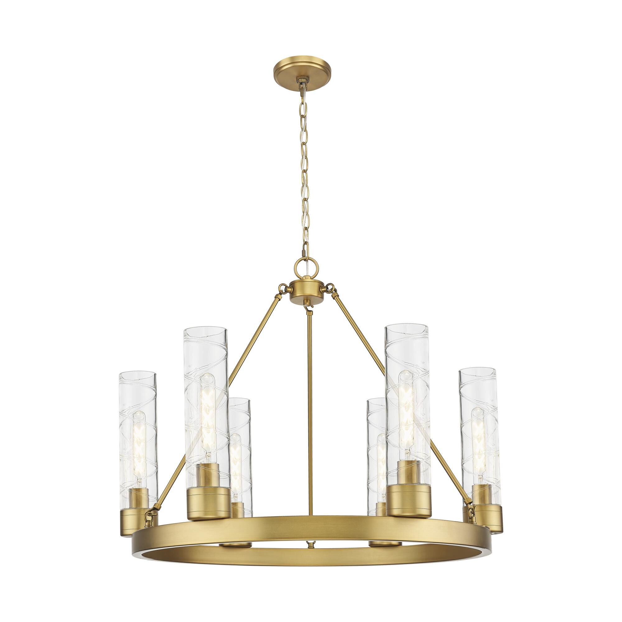 Shown in Brushed Brass finish and Deco Swirl glass