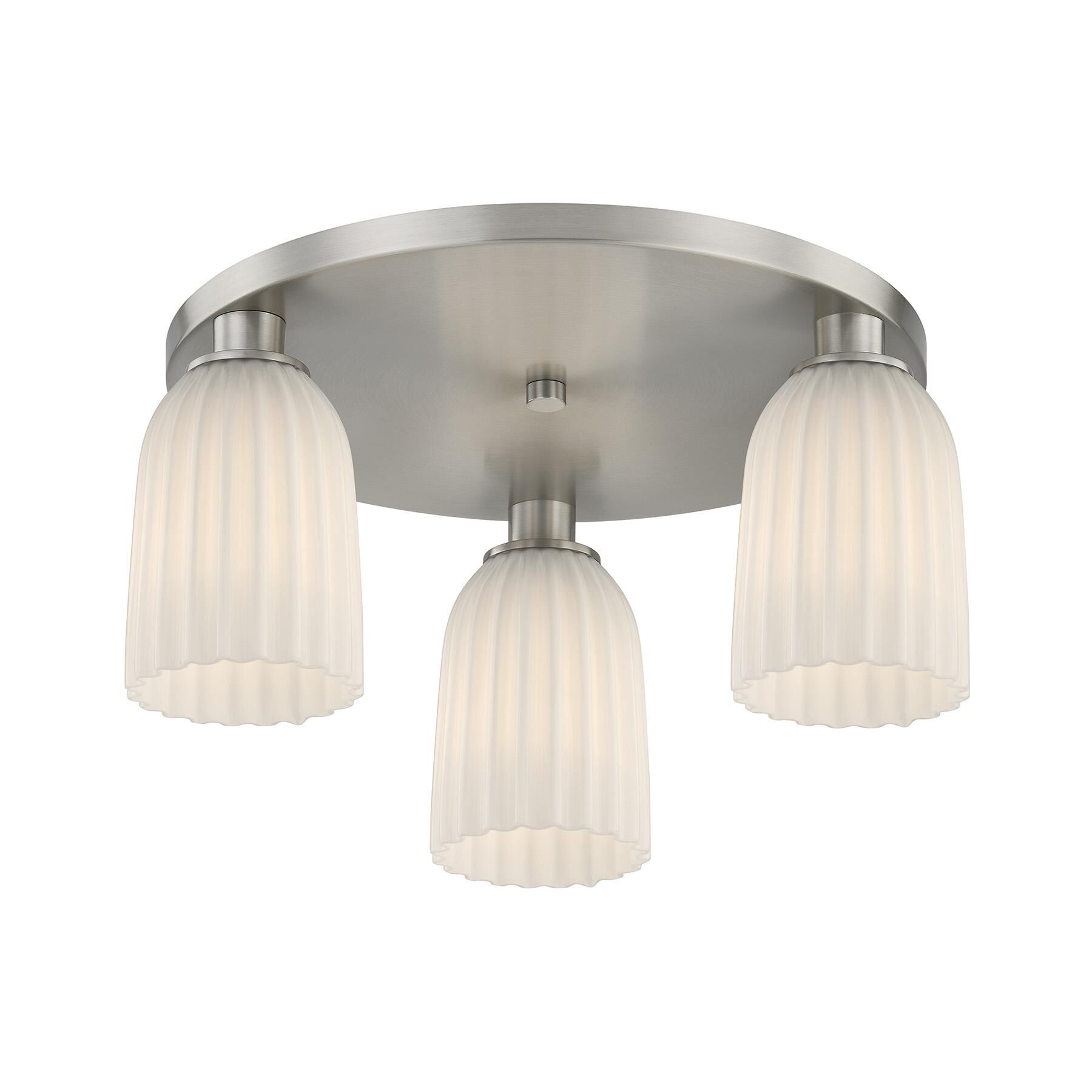 Shown in Satin Nickel finish and White Opal Ribbed glass