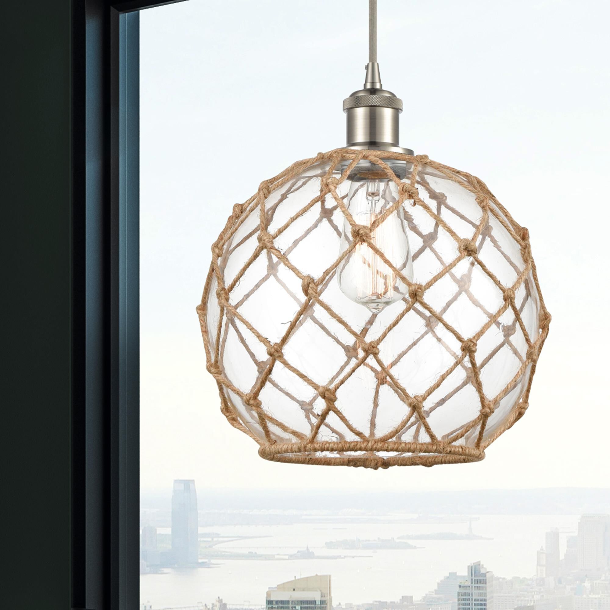Shown in Brushed Satin Nickel finish and Clear With Black Rope glass