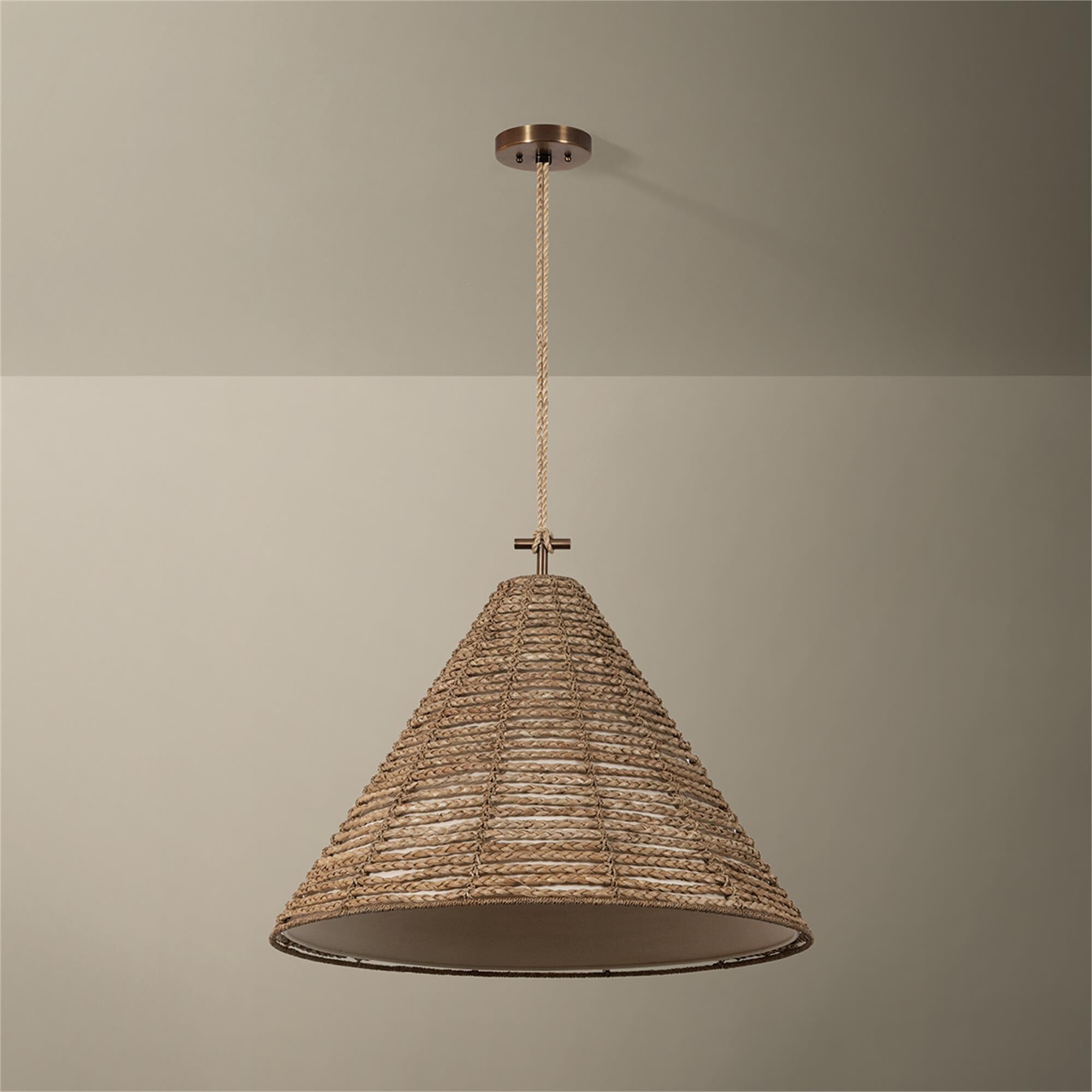 Shown in Patina Brass finish and Abaca shade
