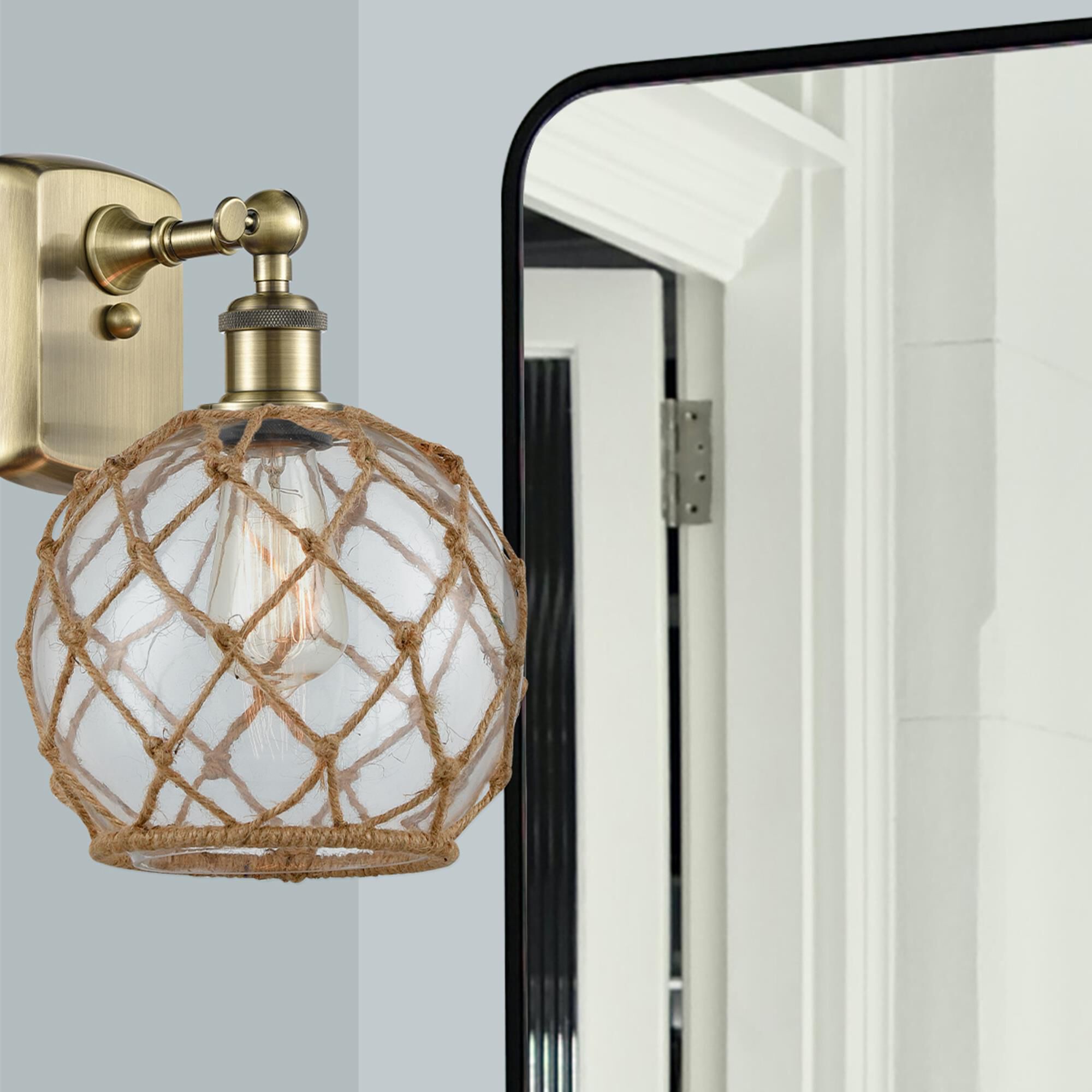 Shown in Antique Brass finish and Clear Farmhouse with Brown Rope glass and None shade