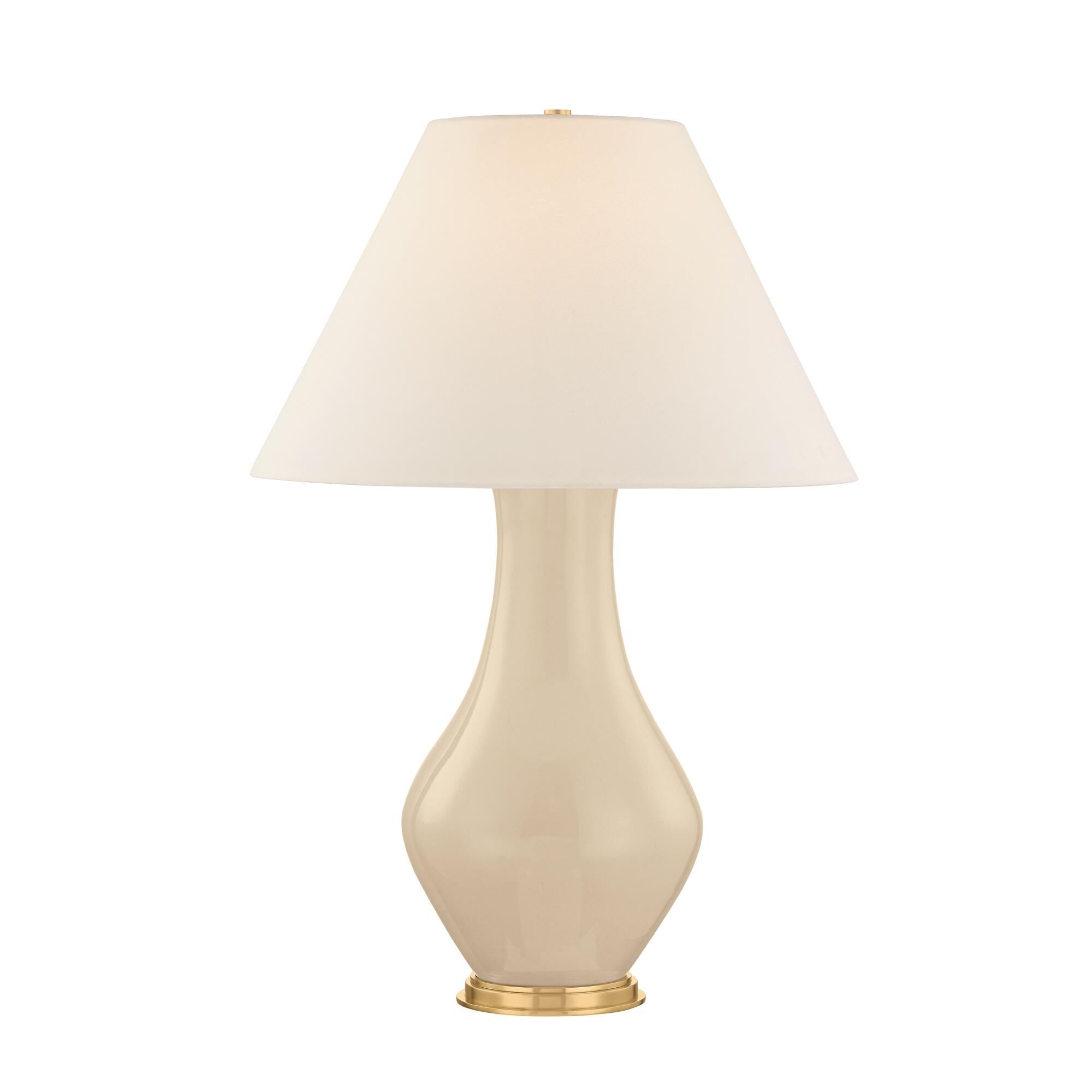 Shown in Aged Brass and Ceramic French Muslin finish and White Linen shade