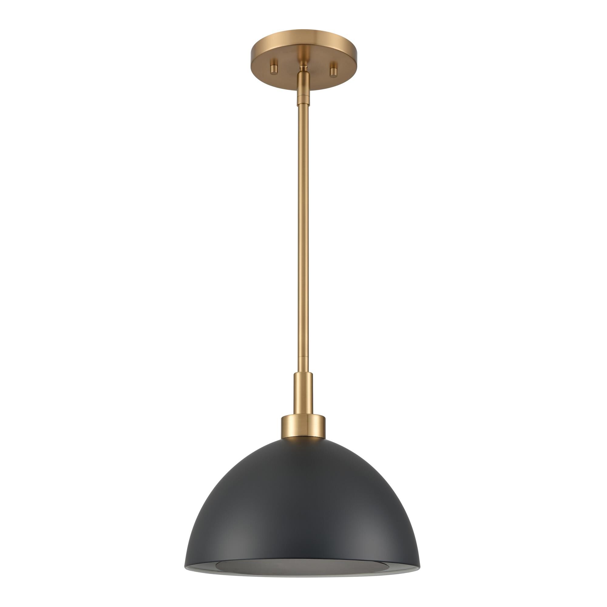Shown in Satin Brass finish and Matte Black Metal Shade glass and Matte Black Metal shade