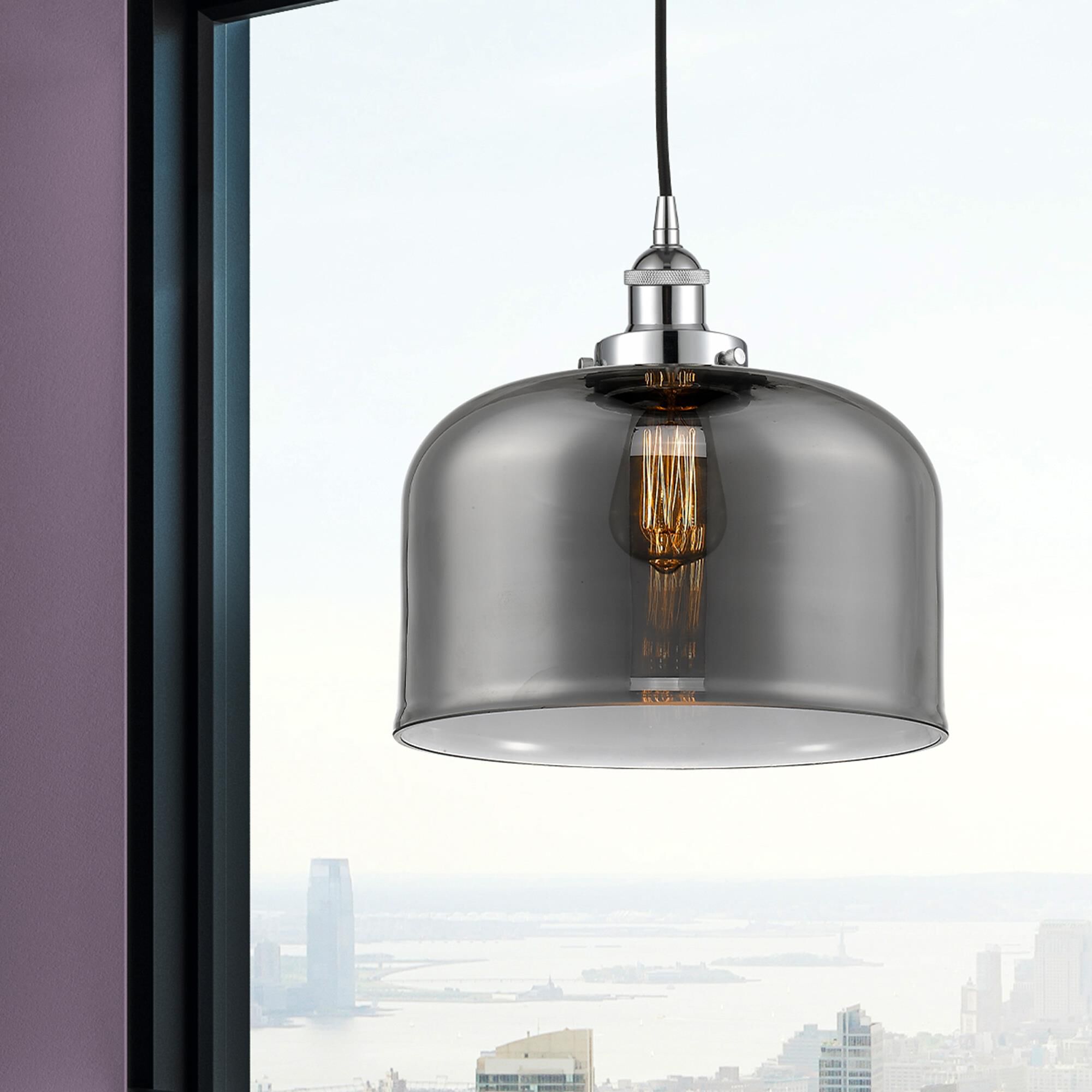 Shown in Polished Chrome finish and Plated Smoke X-Large Bell glass