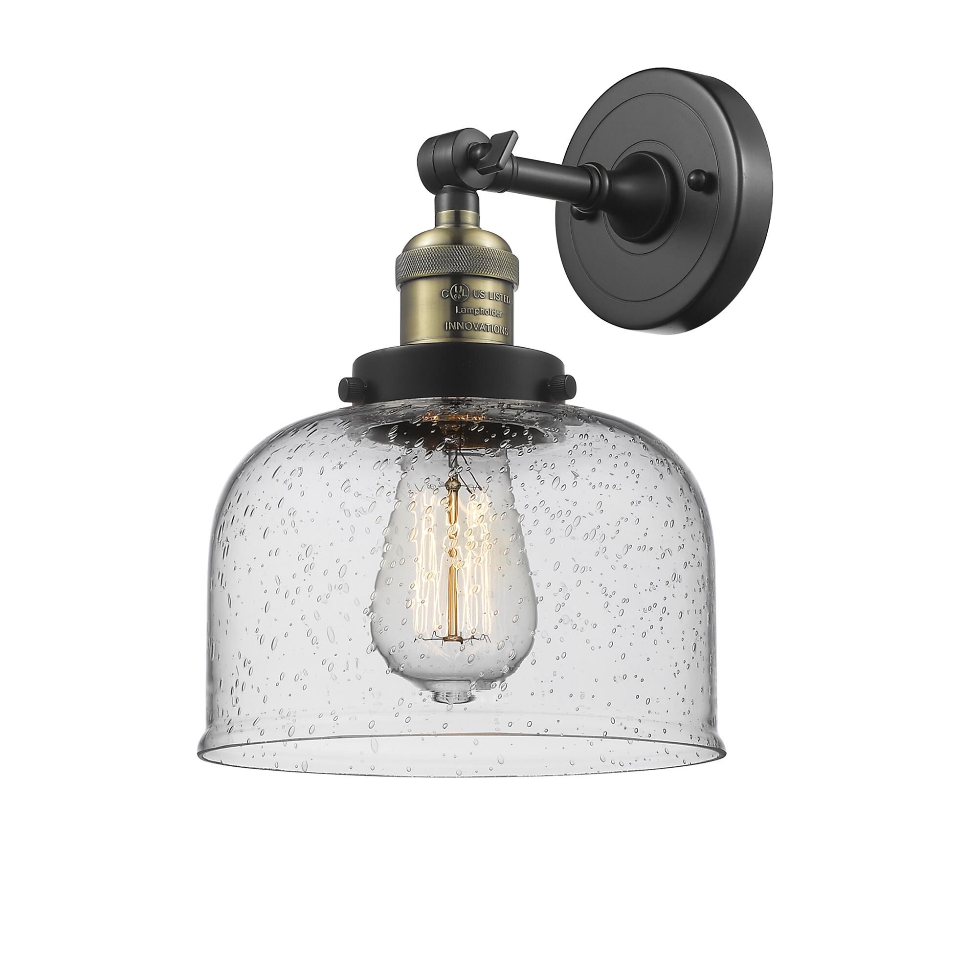 Shown in Black Antique Brass finish and Seedy glass
