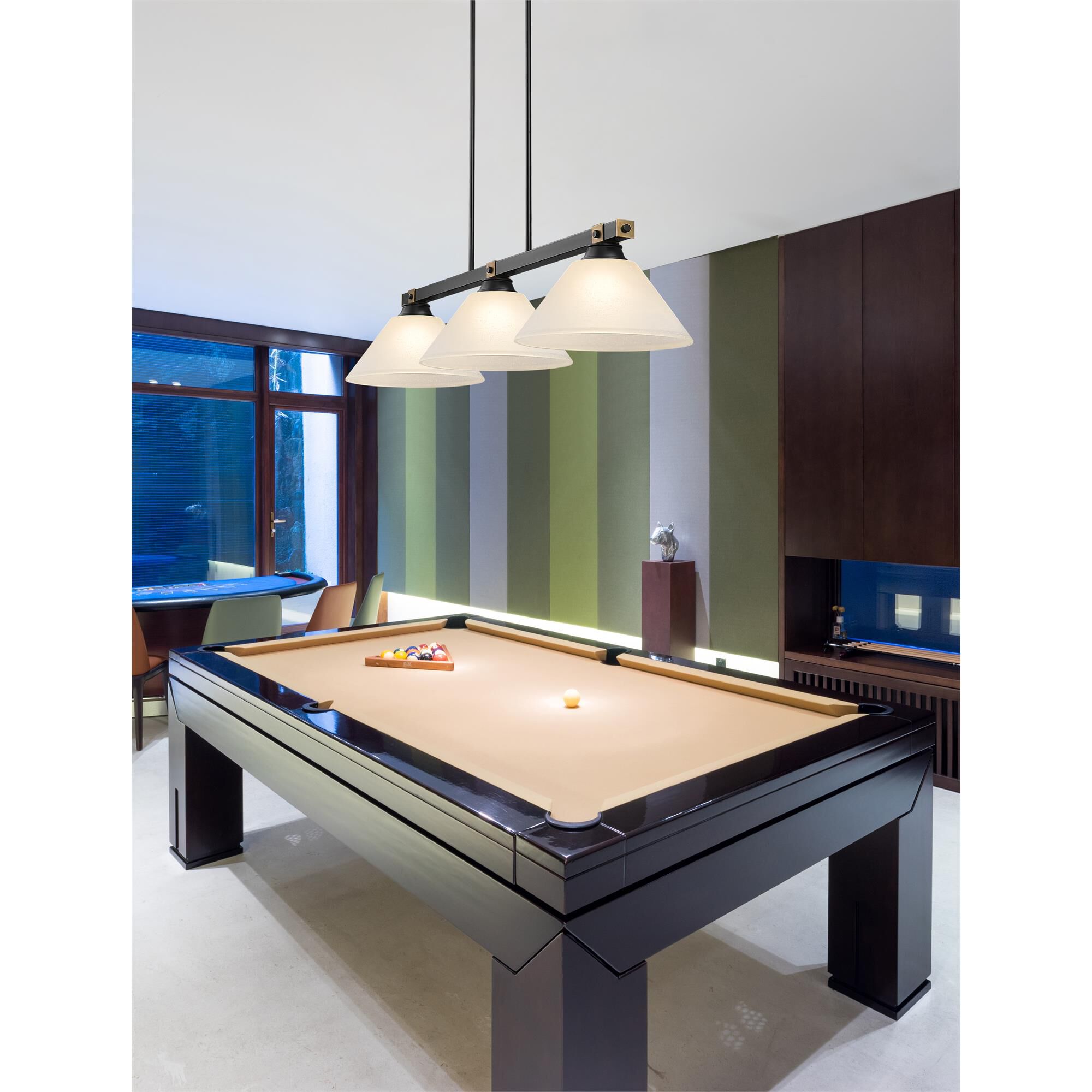 Shown in Matte Black + Rubbed Brass finish and White Linen glass and White Linen shade