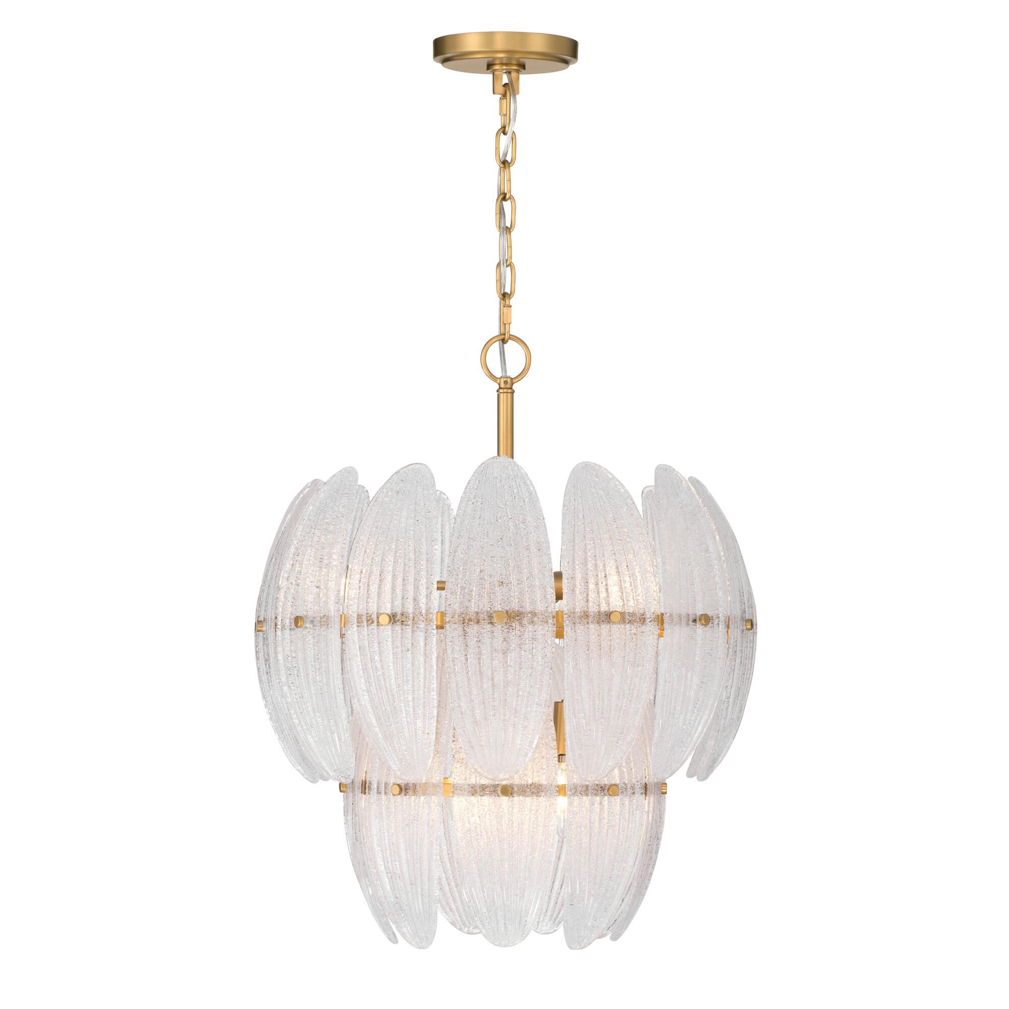 Shown in Legacy Brass finish and Clear Textured shade