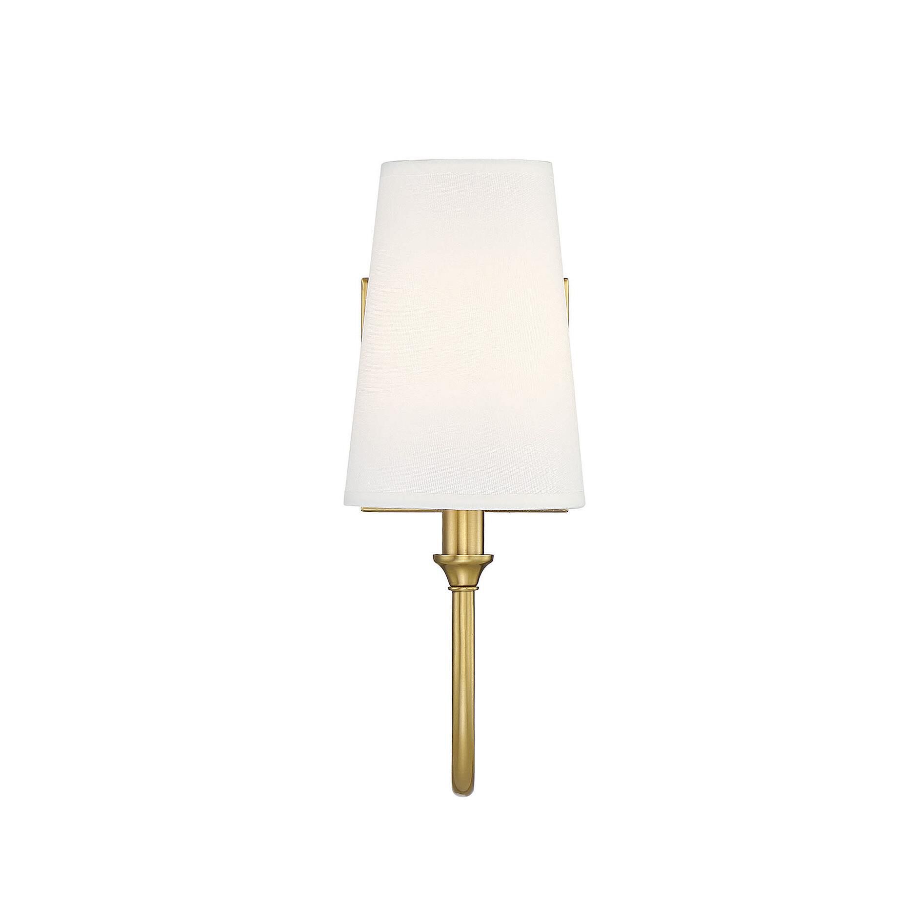 Shown in Warm Brass finish and White Fabric shade