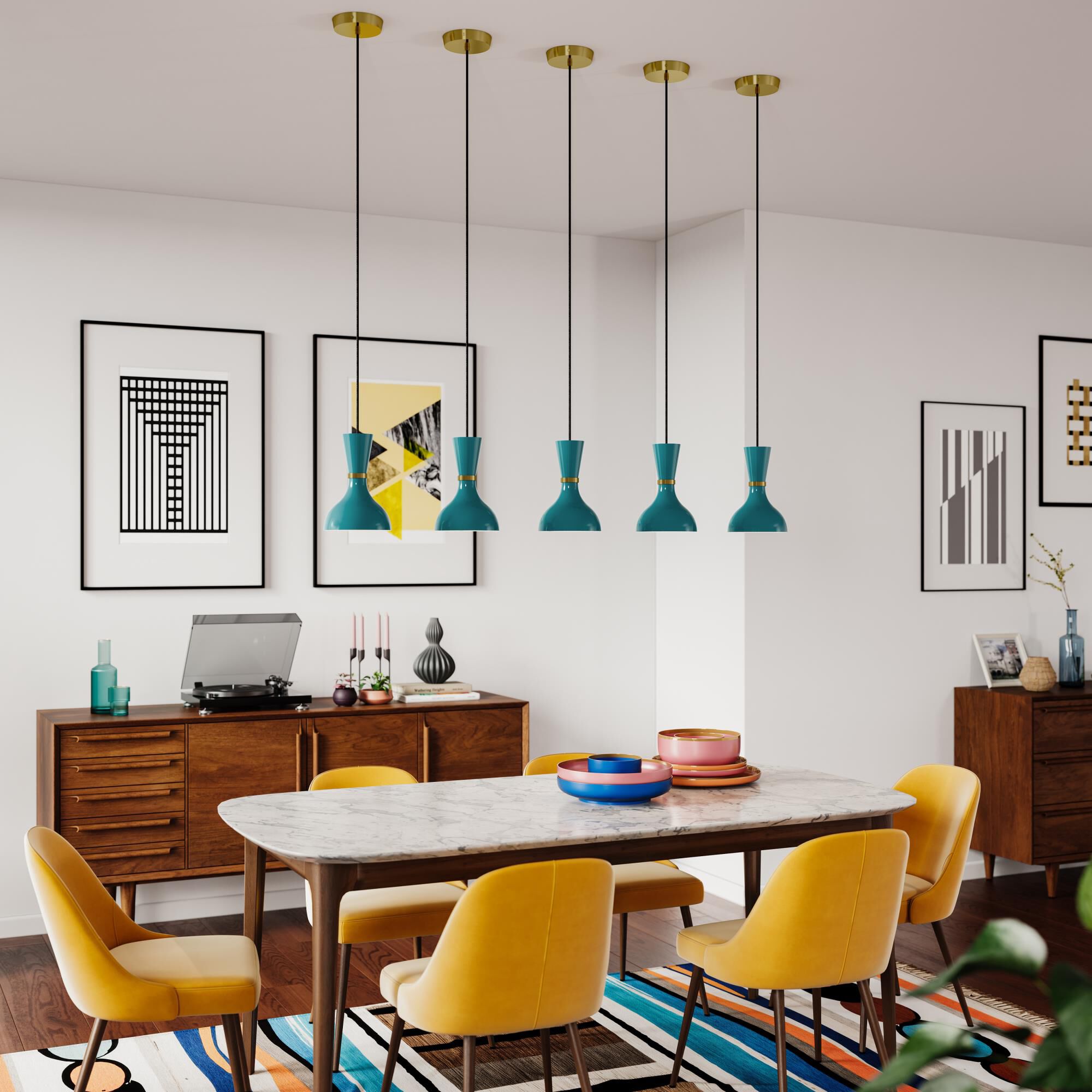 Shown in Modern Brass finish and Peacock shade