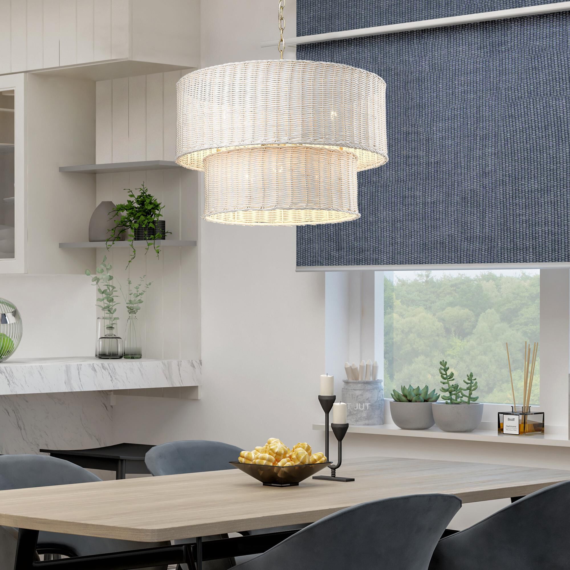 Shown in Brushed Champagne Bronze finish and White Wicker shade