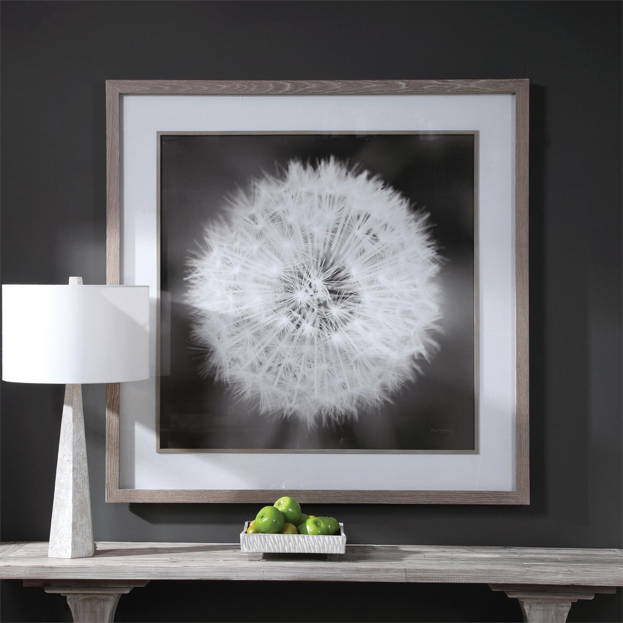 Shown in Driftwood Look To Frame And Fillet, Large White Matte, Black And White Print Of Dandelion finish