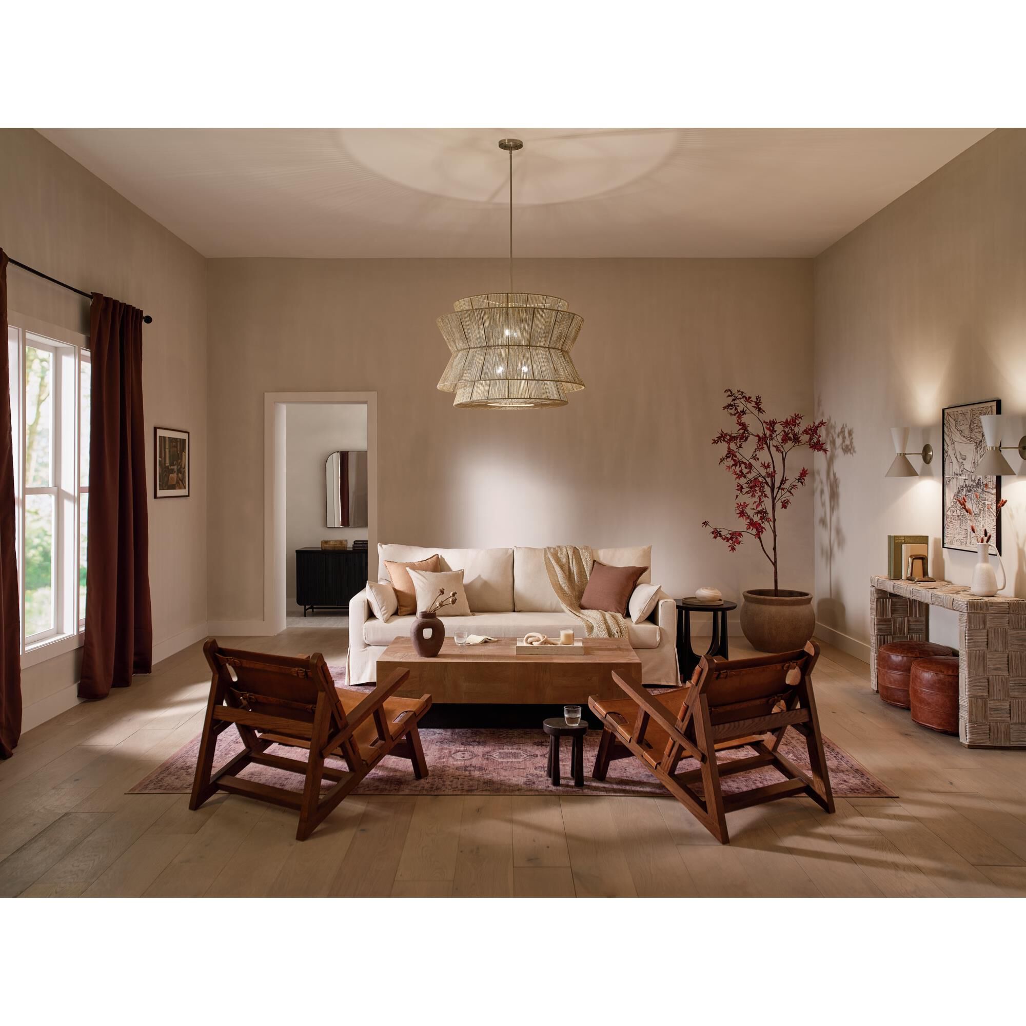 Shown in Champagne Bronze finish and Natural Fibers Textured shade