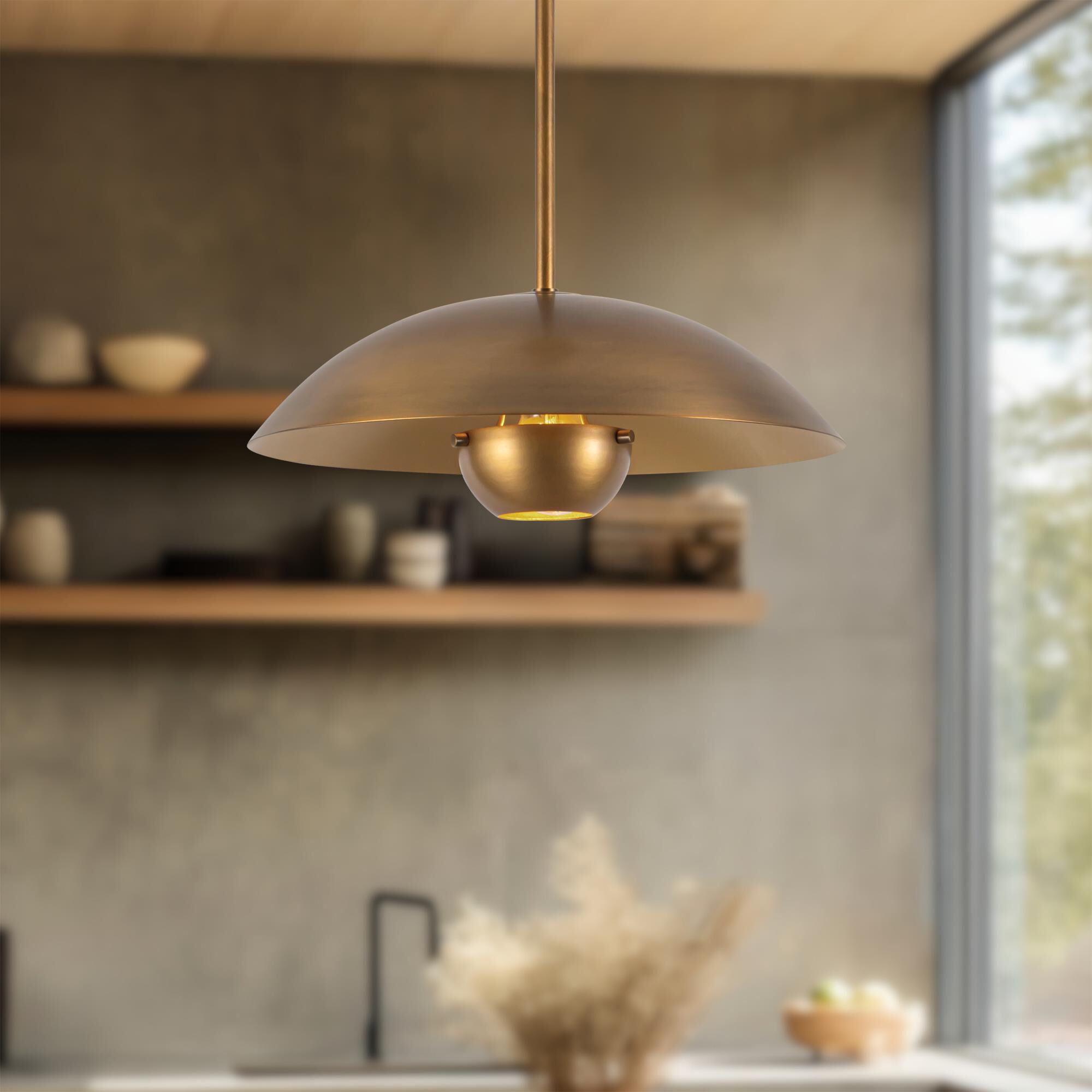 Shown in Vintage Brass finish and Steel shade