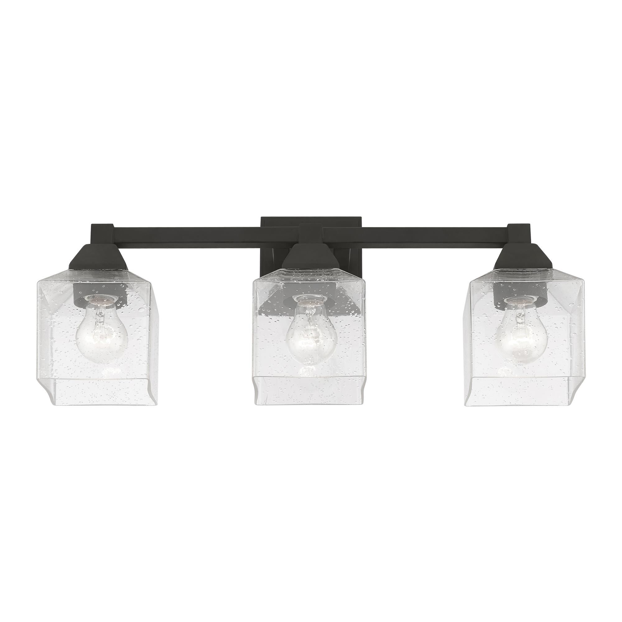 Shown in Black finish and Hand Blown Clear Seeded glass