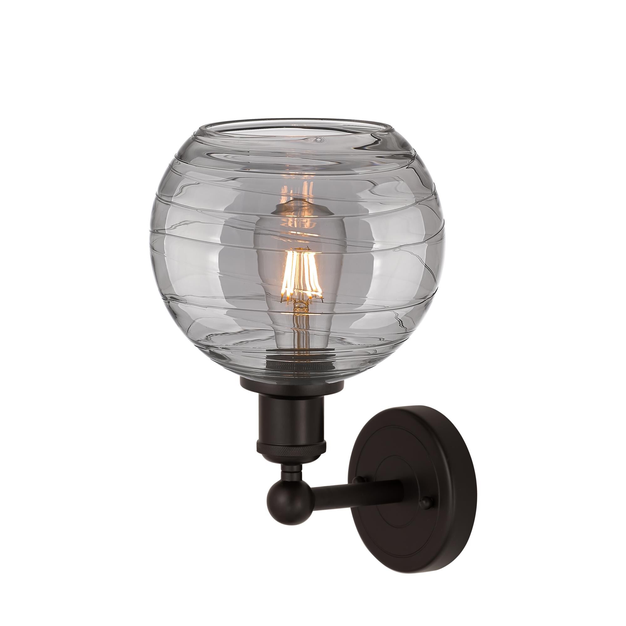 Shown in Oil Rubbed Bronze finish and Light Smoke Deco Swirl glass