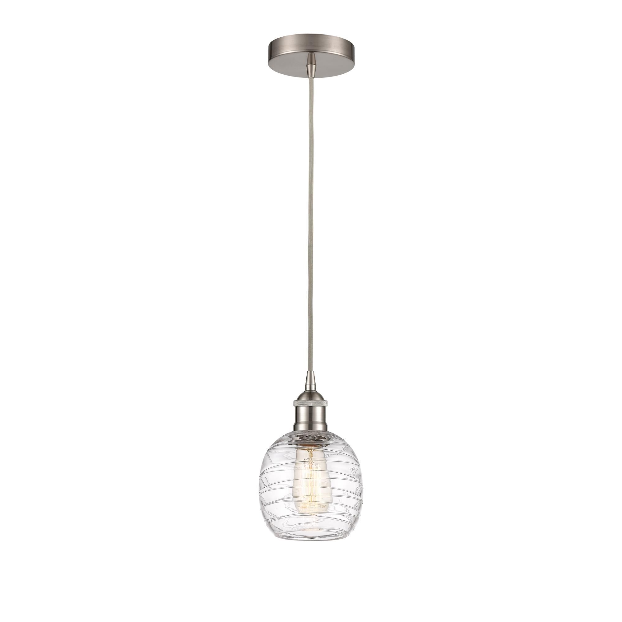 Shown in Brushed Satin Nickel finish and Deco Swirl Belfast glass
