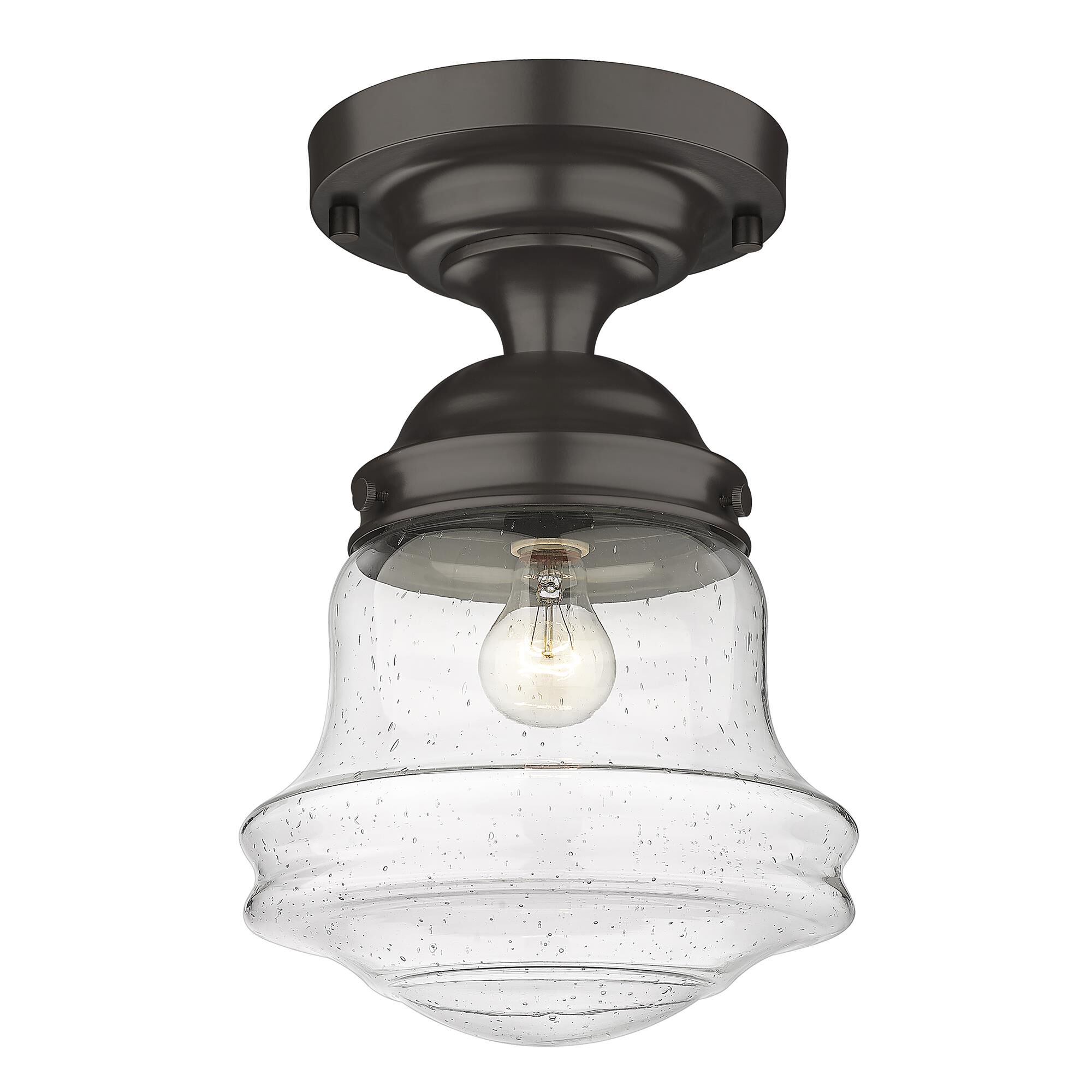 Shown in Bronze finish and Clear Seedy glass