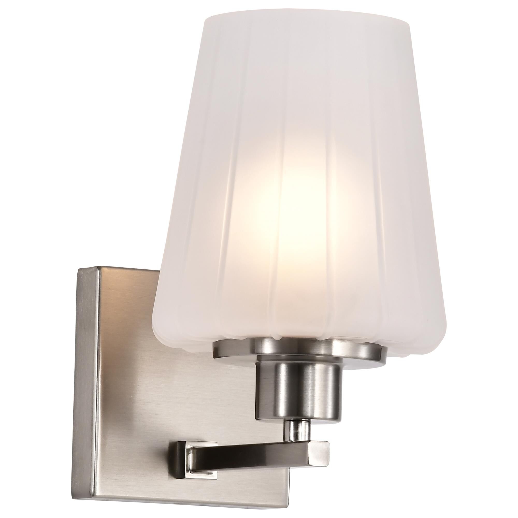 Shown in Brushed Nickel finish and Etched White glass