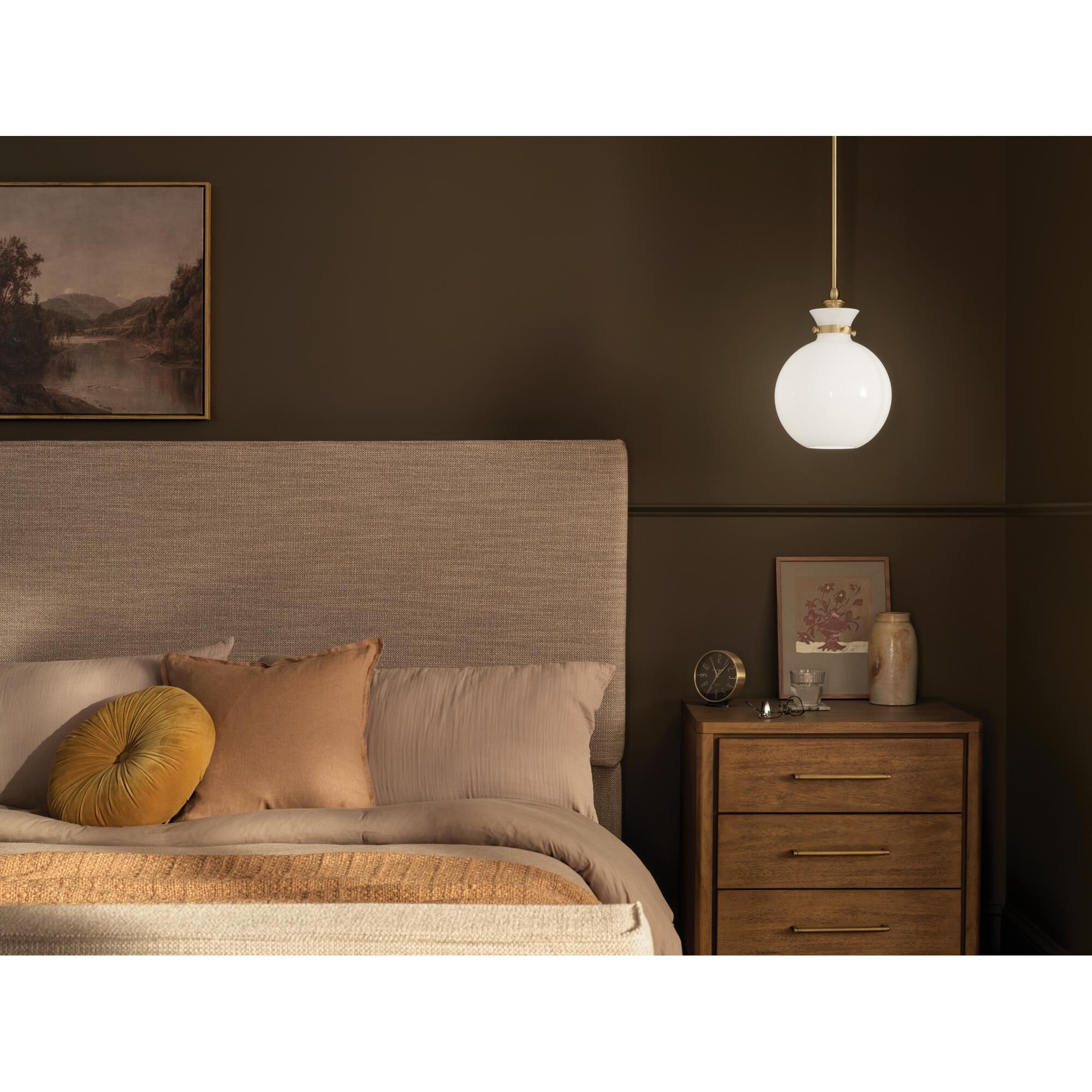 Shown in Champagne Bronze finish and Opal glass