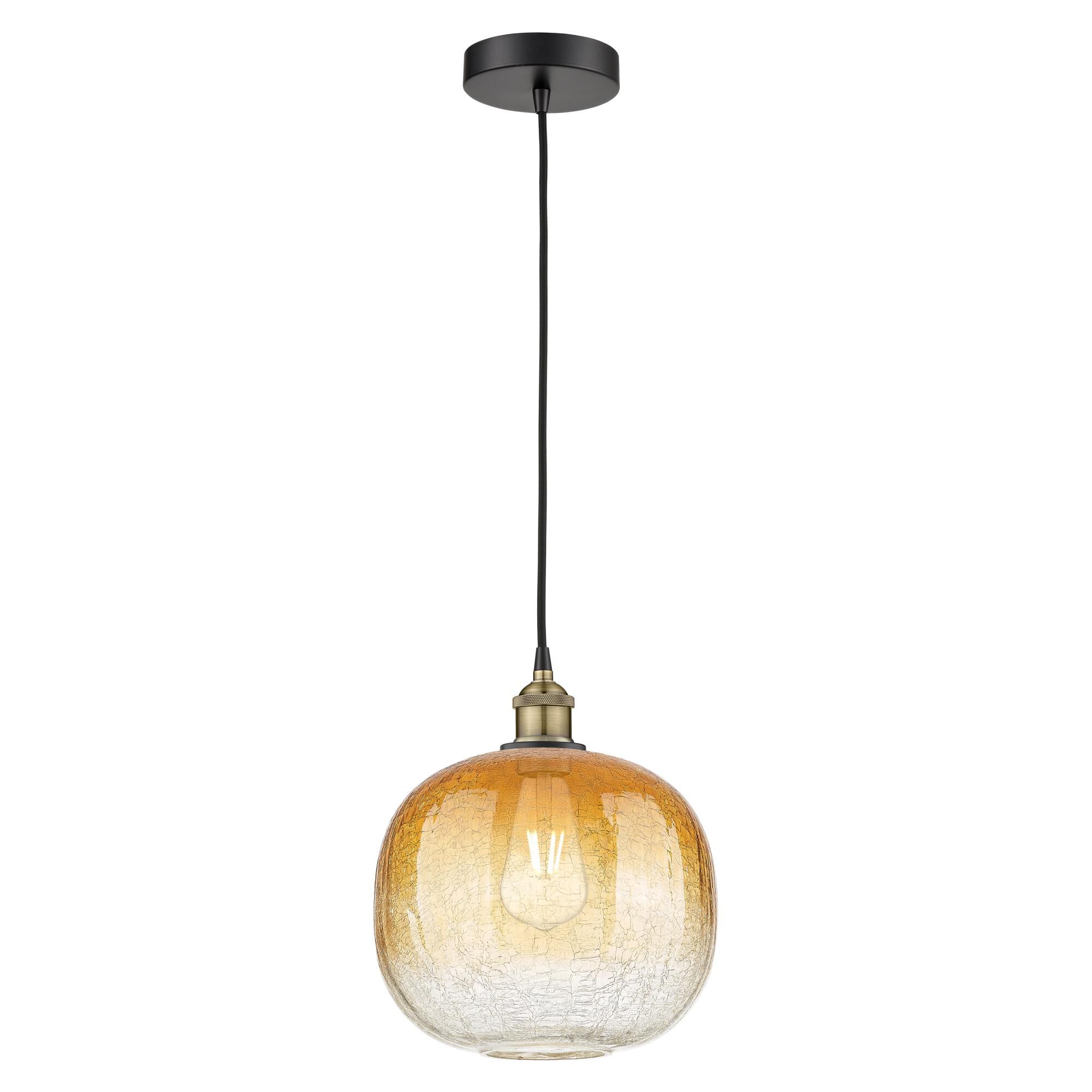 Shown in Black Antique Brass finish and Amber glass