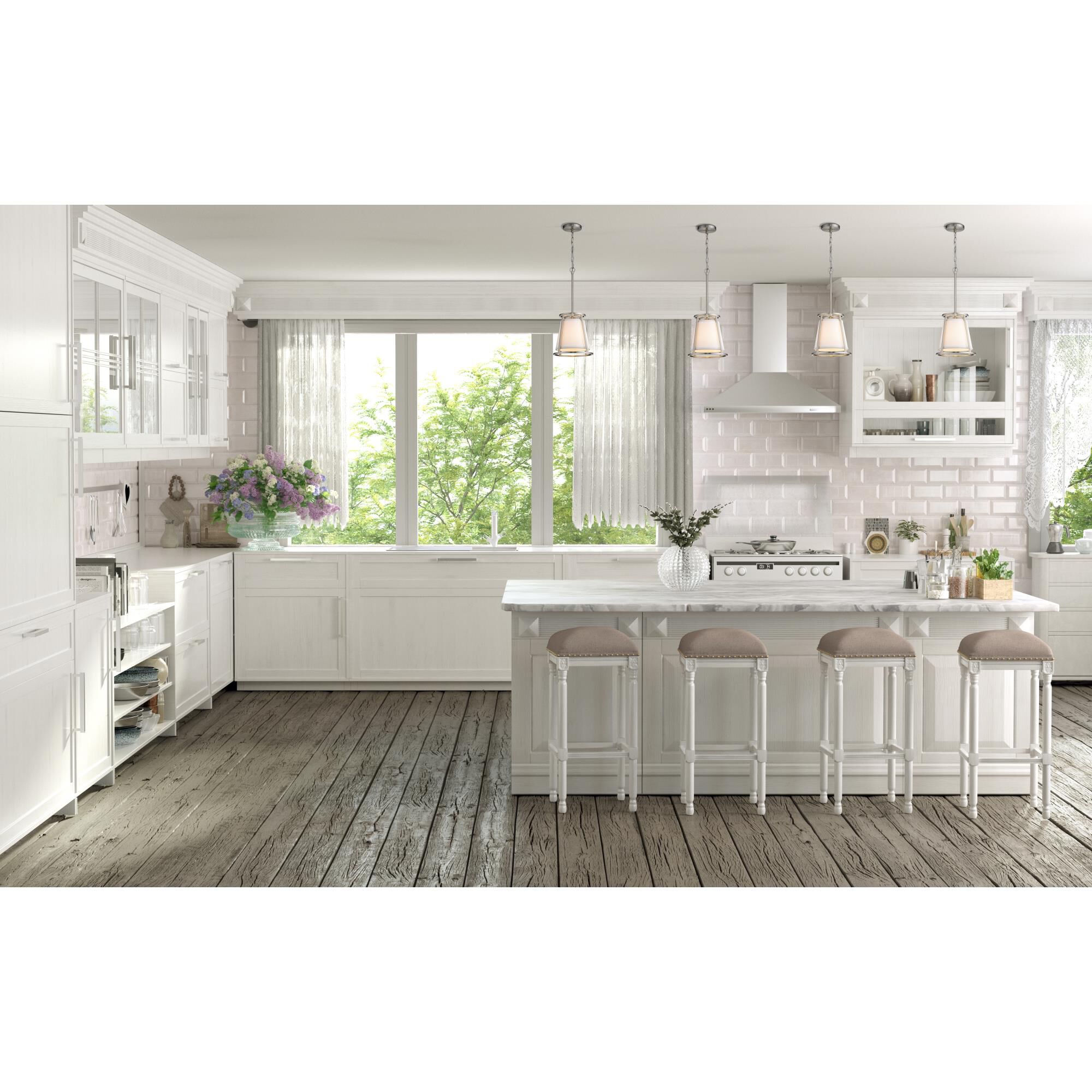 Shown in Brushed Nickel finish and Fabric glass and Fabric shade