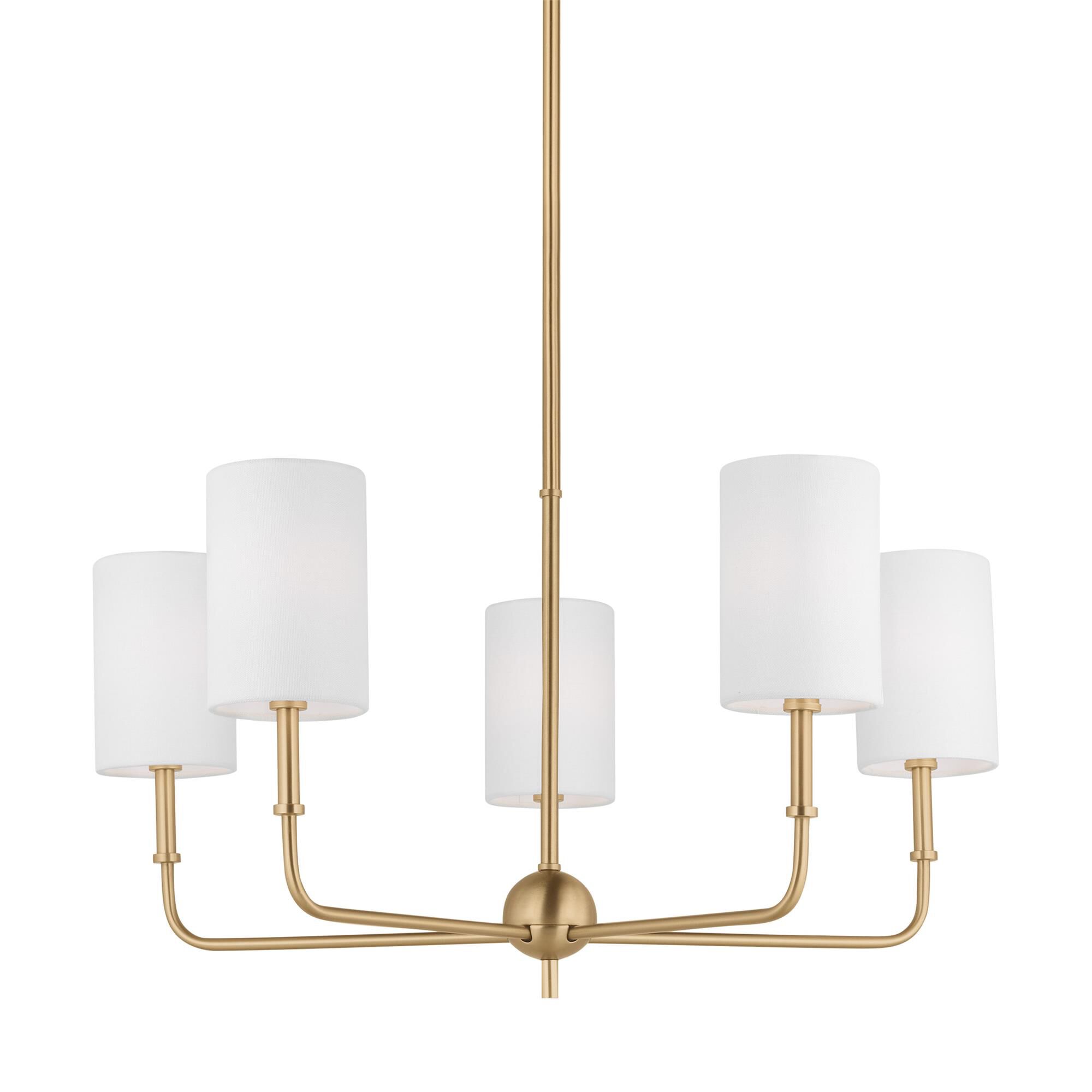 Shown in Satin Brass finish and White Linen glass and White Linen Fabric s shade