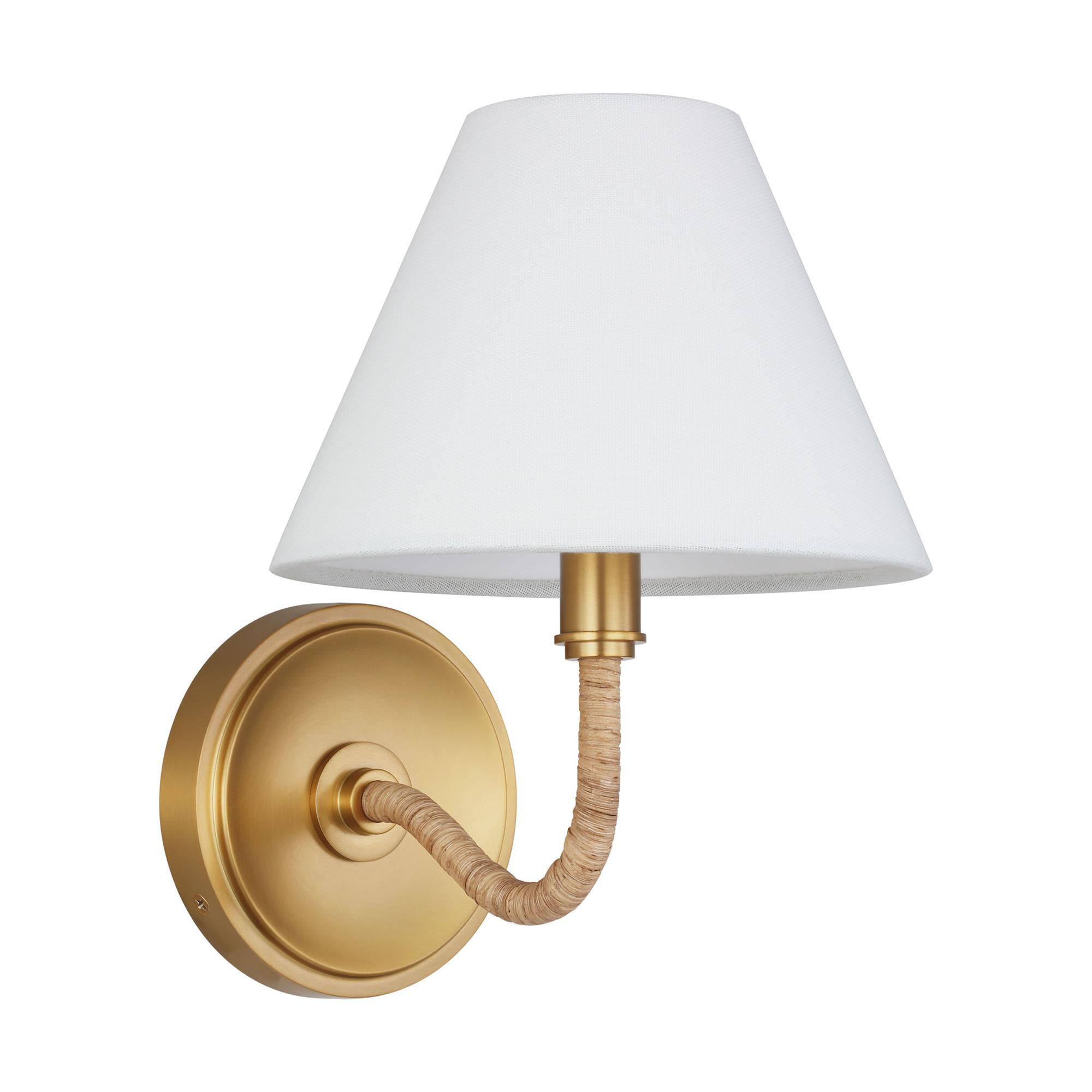 Shown in Burnished Brass finish and White Linen shade