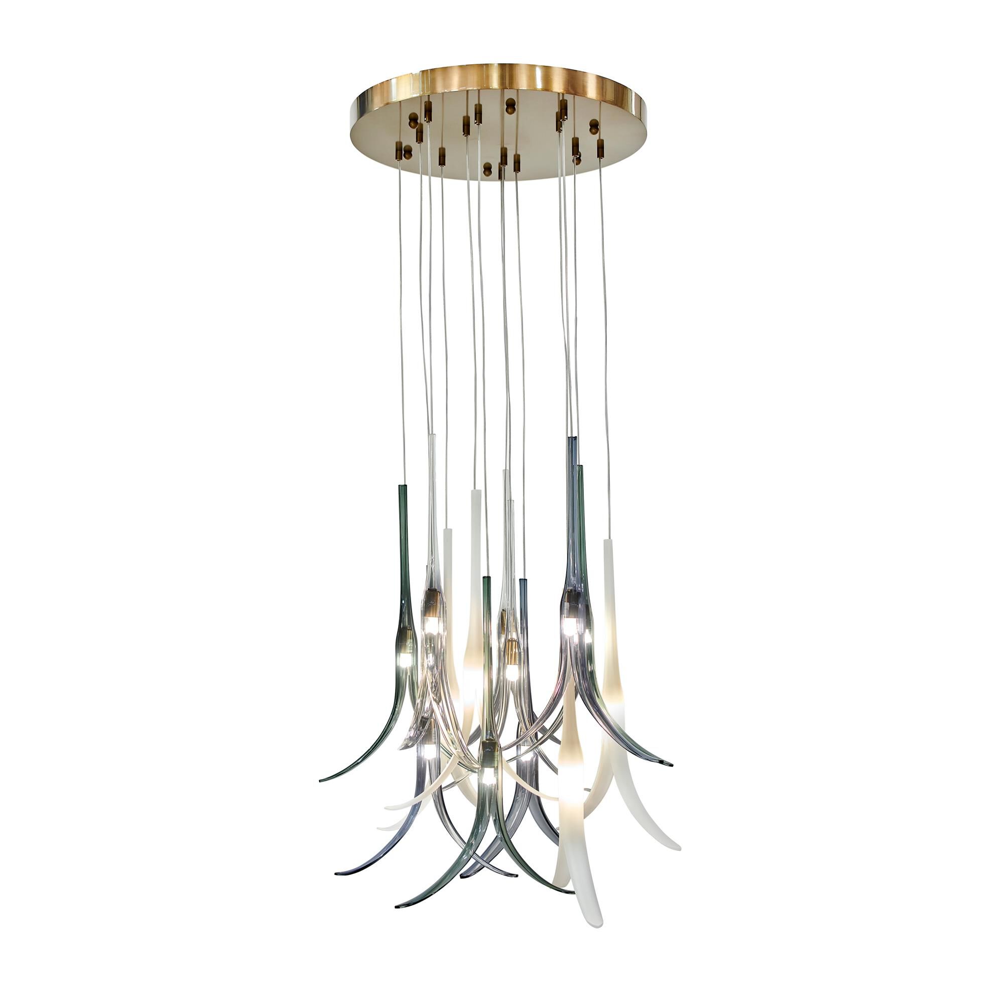 Shown in Gold finish and Smoke Blue, White Frosted, Clear, Green glass