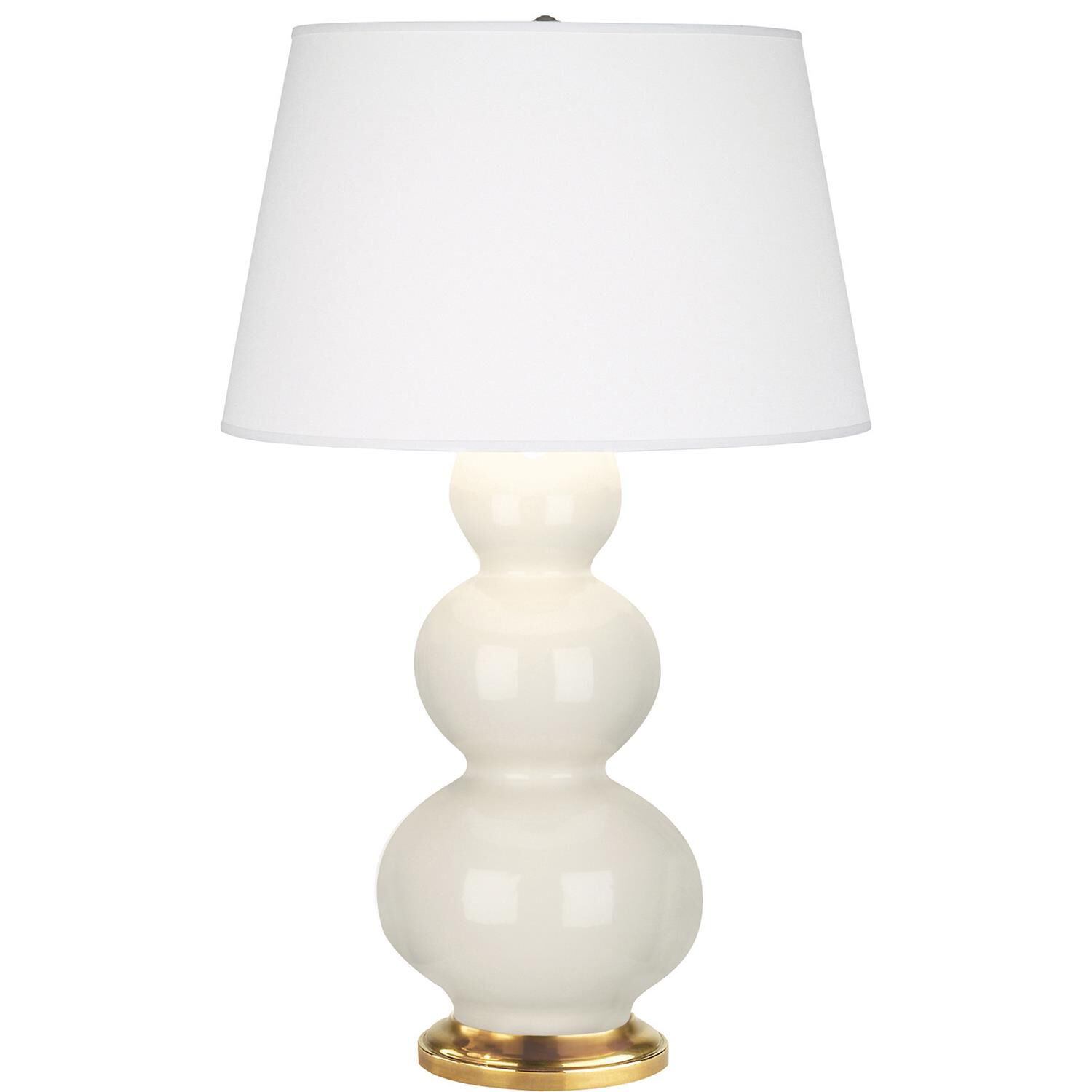 Shown in Bone Glazed Ceramic With Antique Natural Brass ed Accents finish and Pearl Dupioni Fabric shade