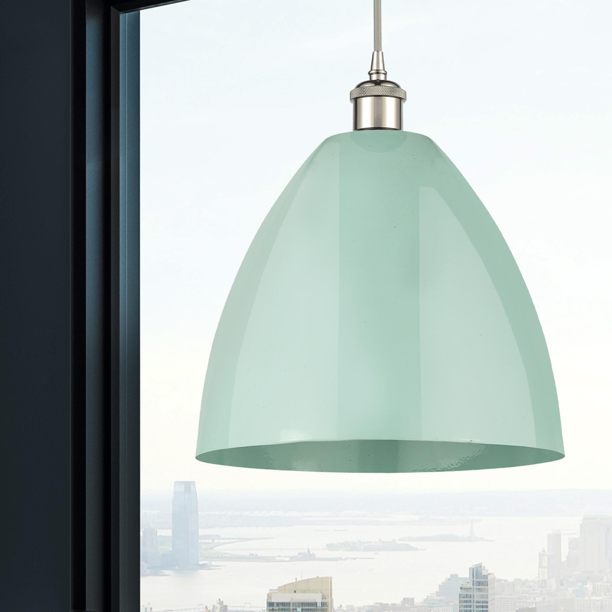 Shown in Polished Nickel finish and Seafoam Plymouth Dome shade