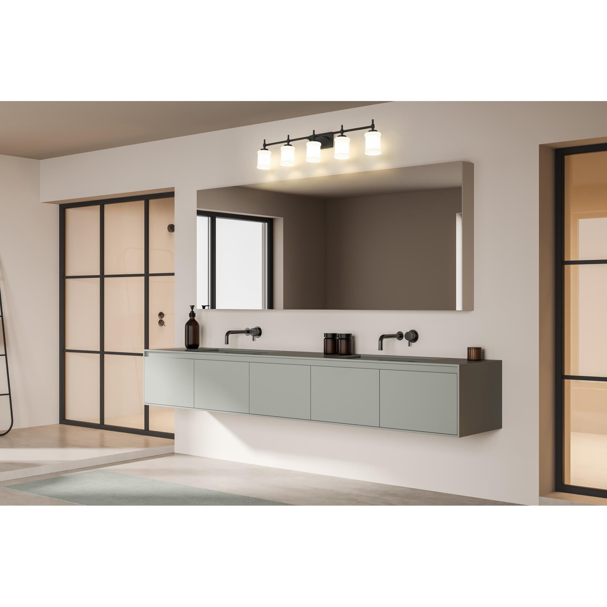 Shown in Matte Black finish and Gloss Opal glass and Gloss Opal shade