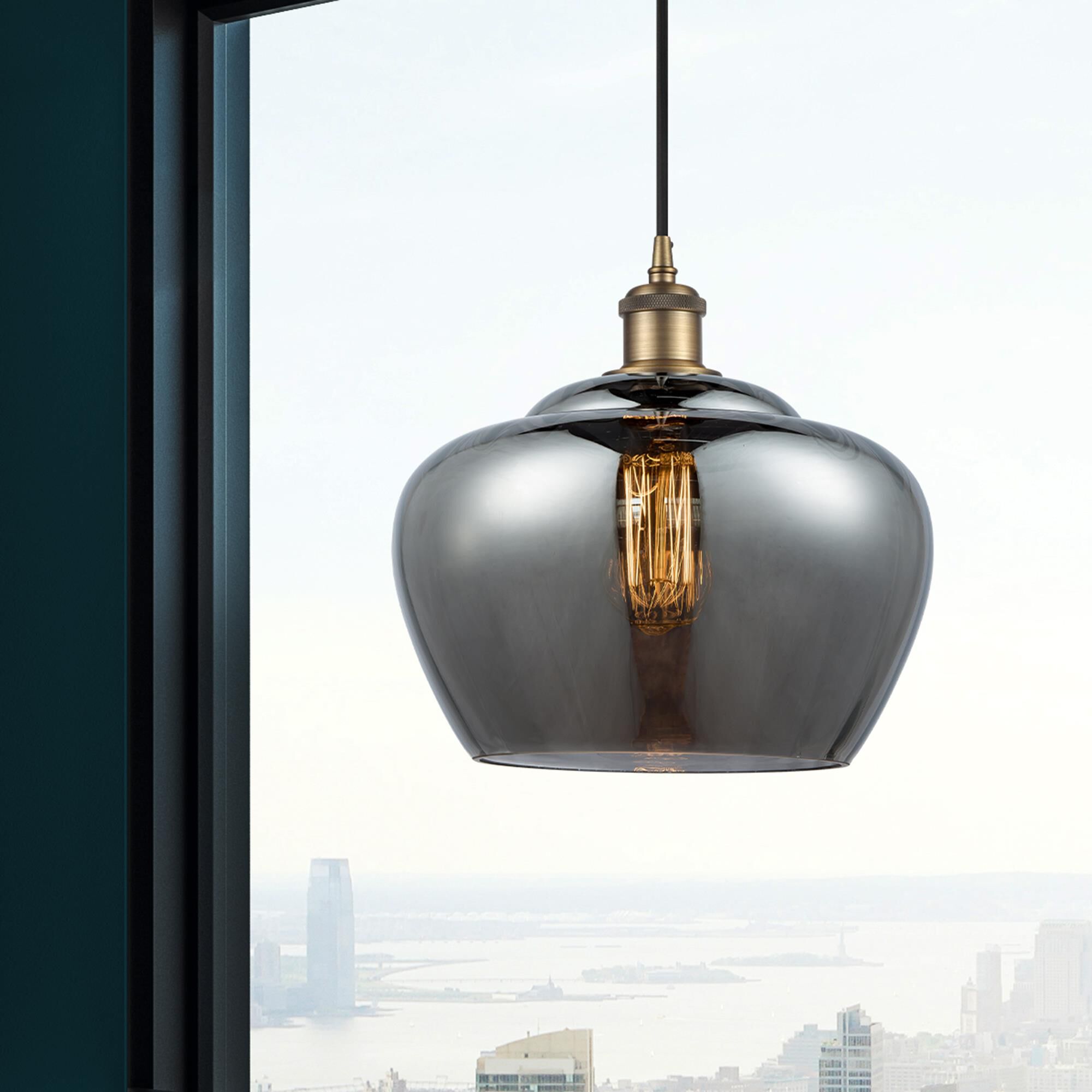 Shown in Brushed Brass finish and Plated Smoke Large Fenton glass and Polished Chrome accent