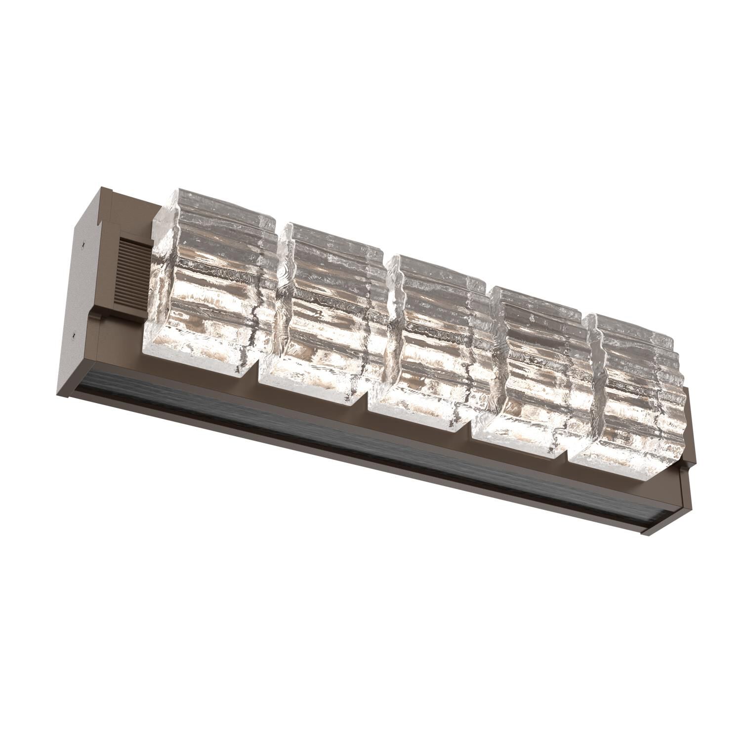 Shown in Flat Bronze finish and Clear Ribbed glass and Dark Oak accent