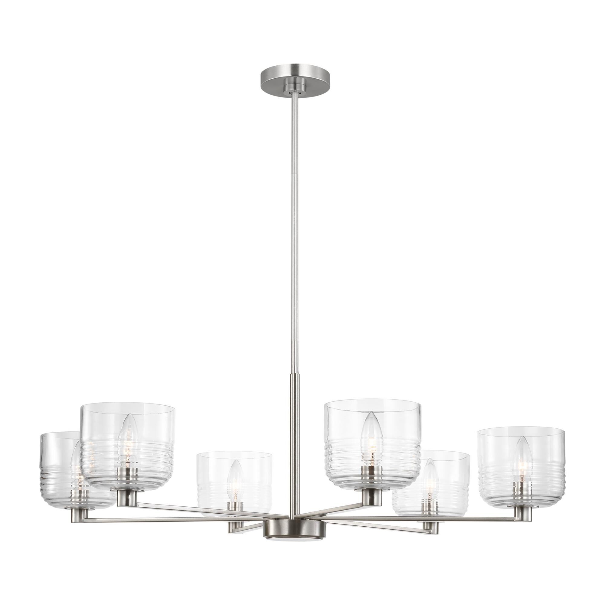 Shown in Brushed Nickel finish and Clear Ribbed glass