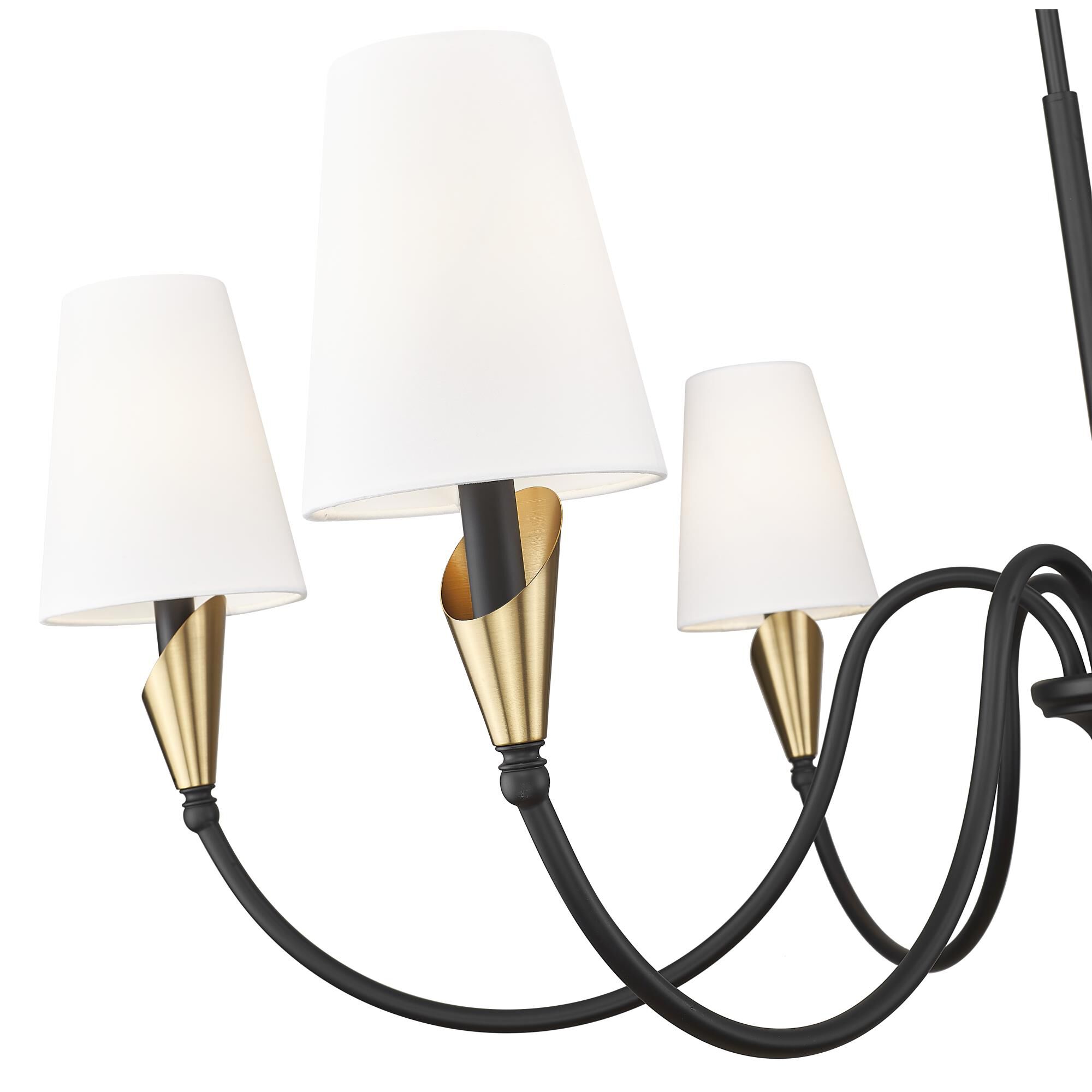 Shown in Matte Black And Modern Gold finish and White glass and White shade