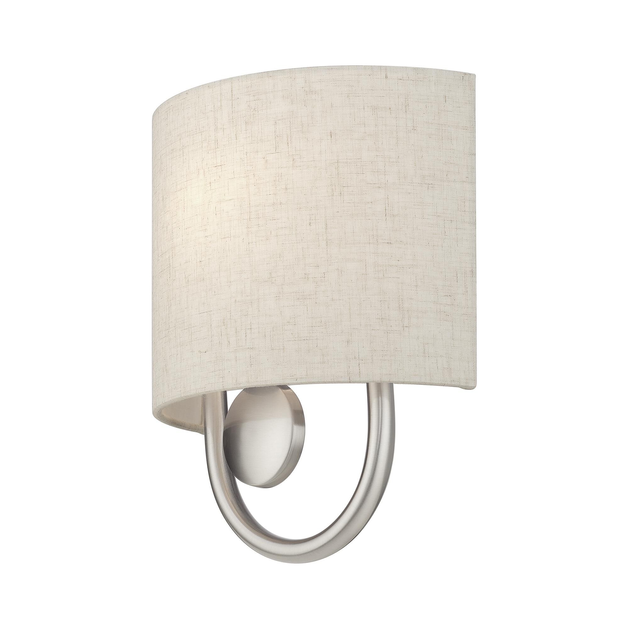 Shown in Brushed Nickel finish and Hand Crafted Oatmeal Color Fabric Hardback with White Fabric Inside shade