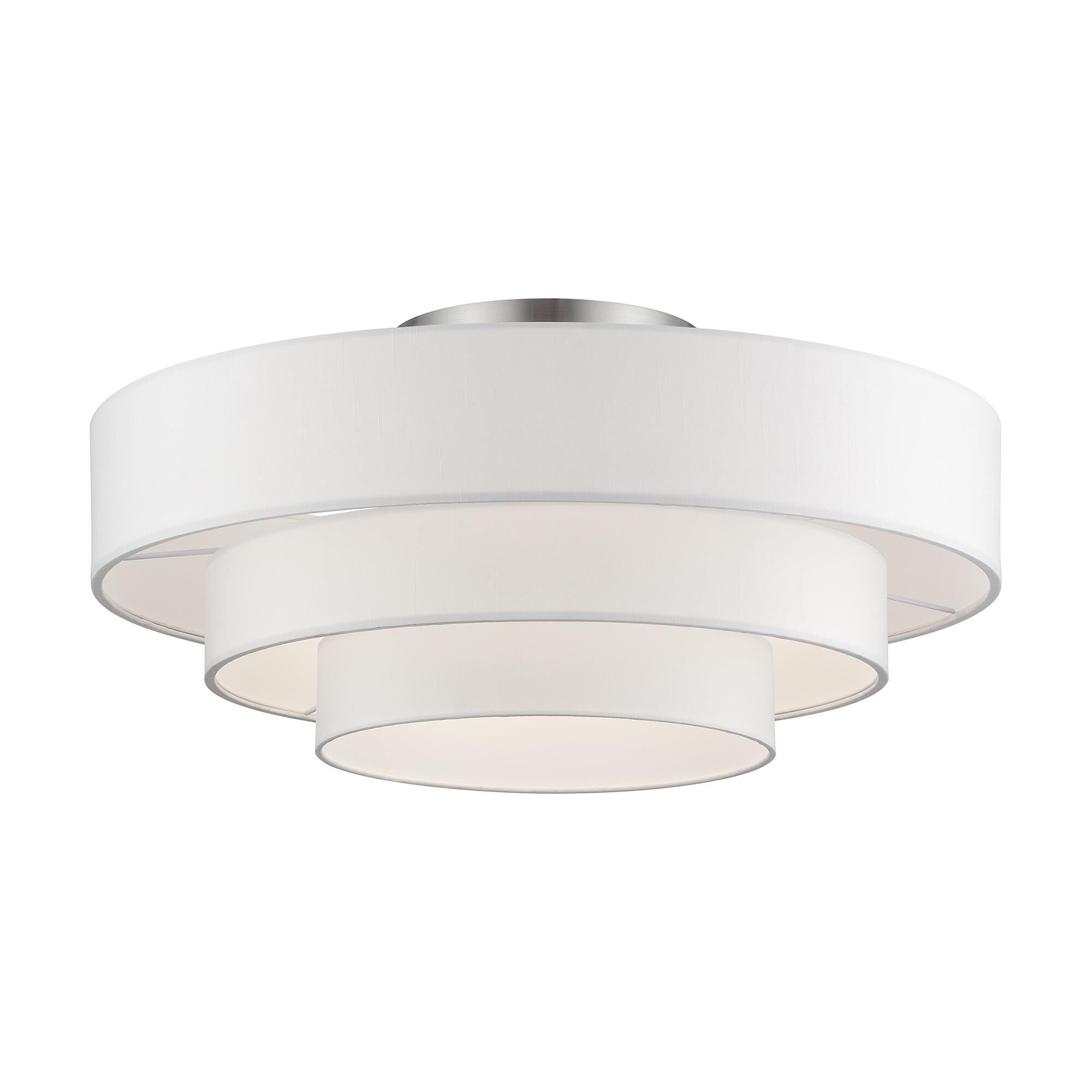 Shown in Brushed Nickel finish and Hand Crafted Off-White Fabric Hardbacks with White Fabric Inside shade