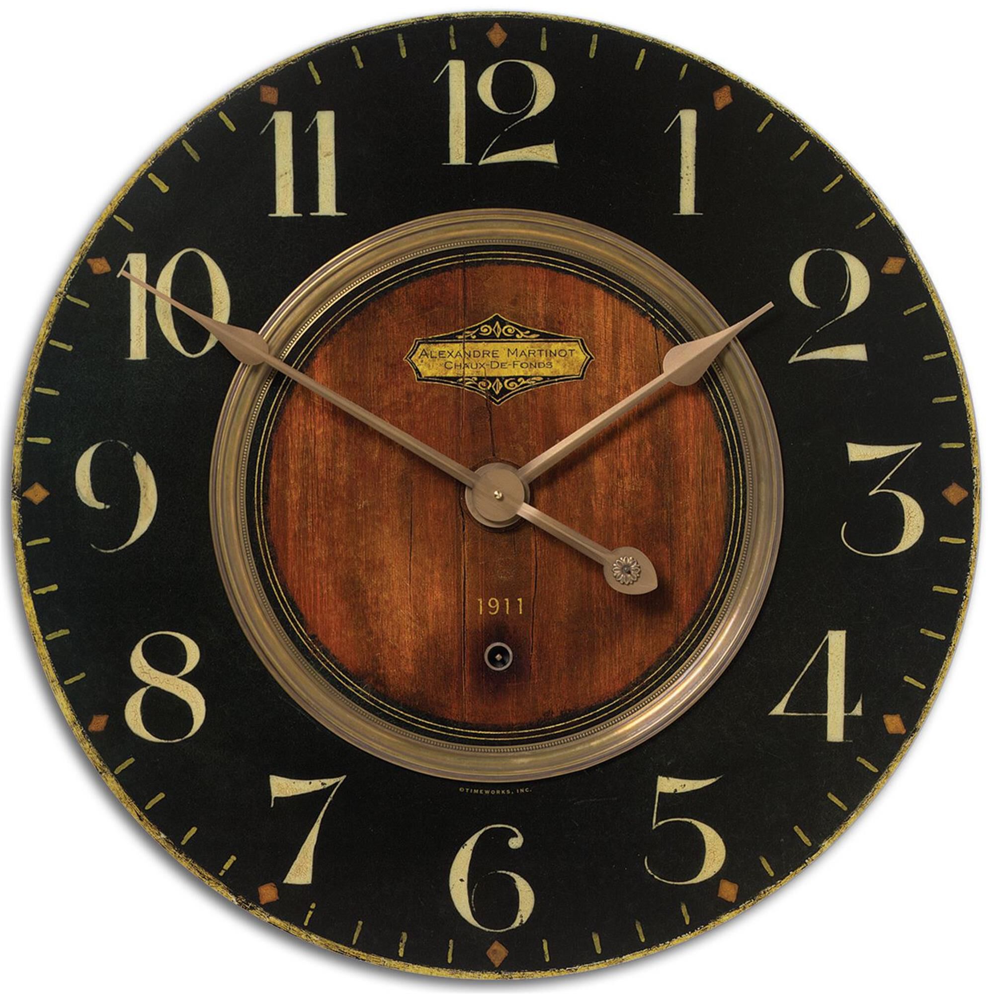 Shown in Weathered Laminated Clock Face With Cast Brass Details. Quartz Movement Ensures Accurate Timekeeping finish