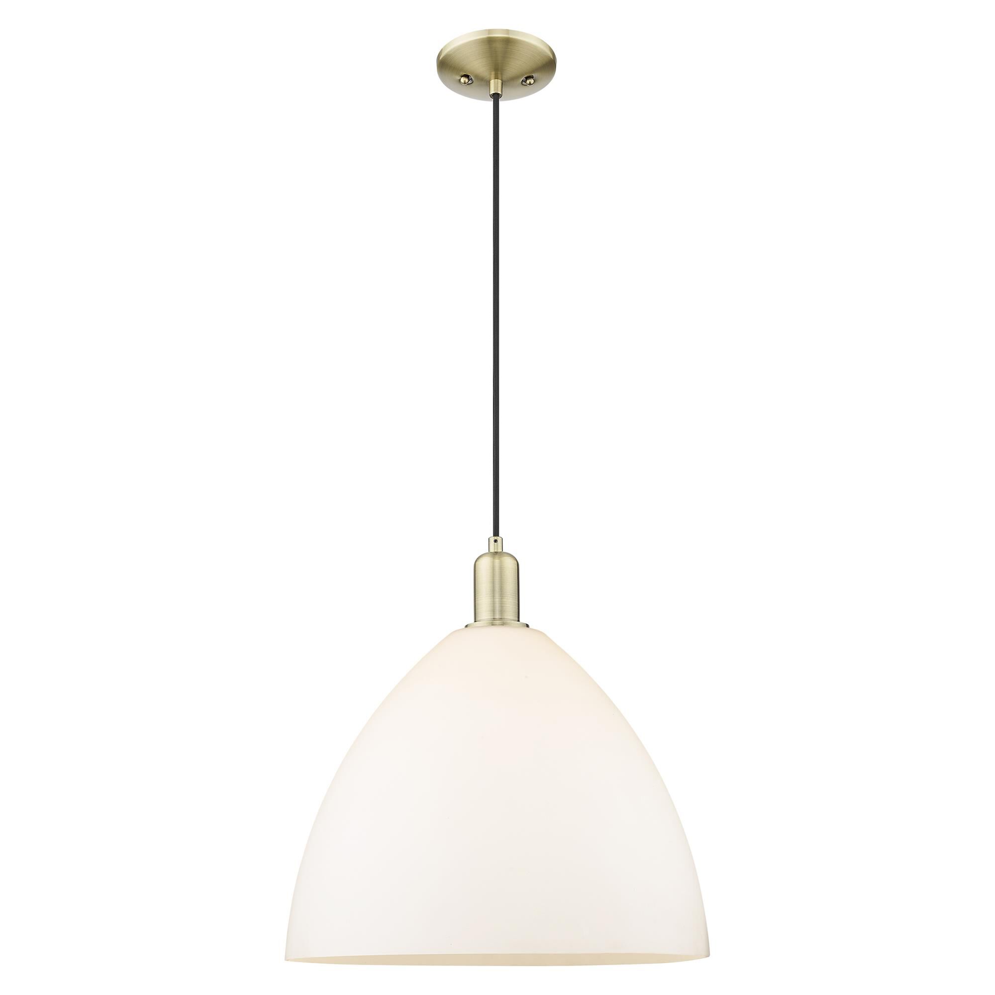 Shown in Antique Brass finish and Matte White glass