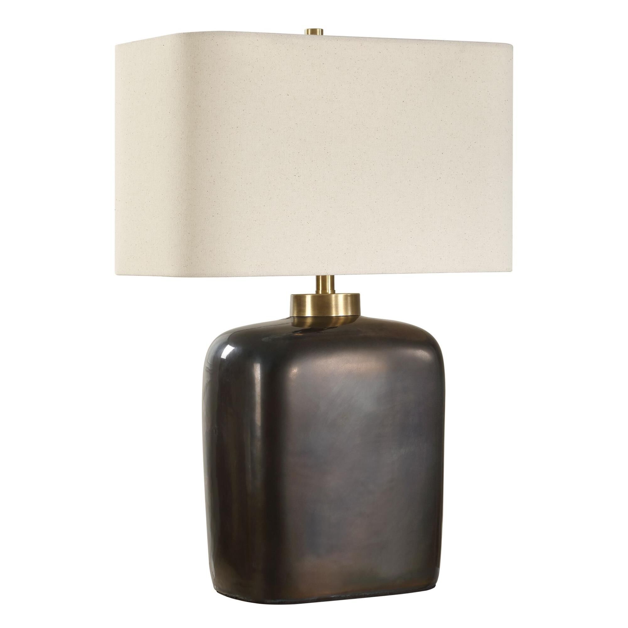 Shown in Bronze finish and Rectangle Fabric shade