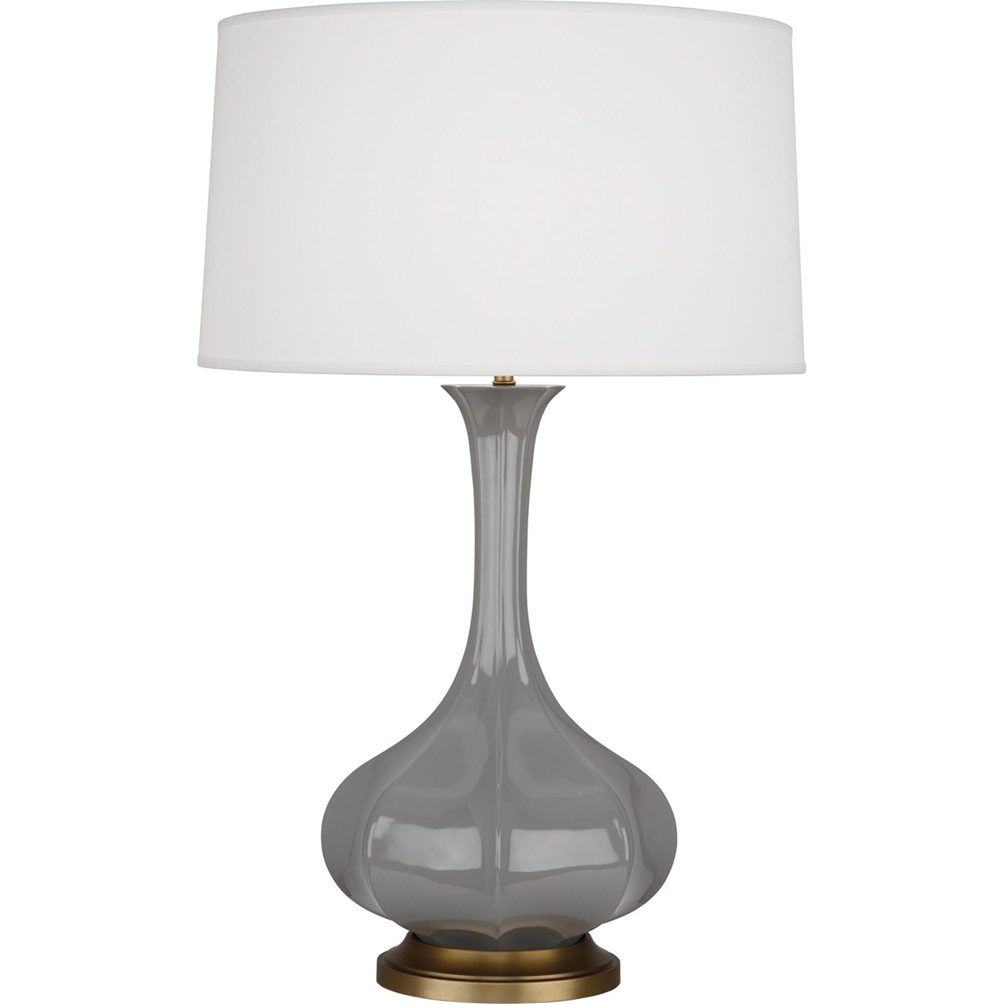 Shown in Smoky Taupe Glazed Ceramic With Aged Brass Accents finish and Pearl Dupoini Fabric shade