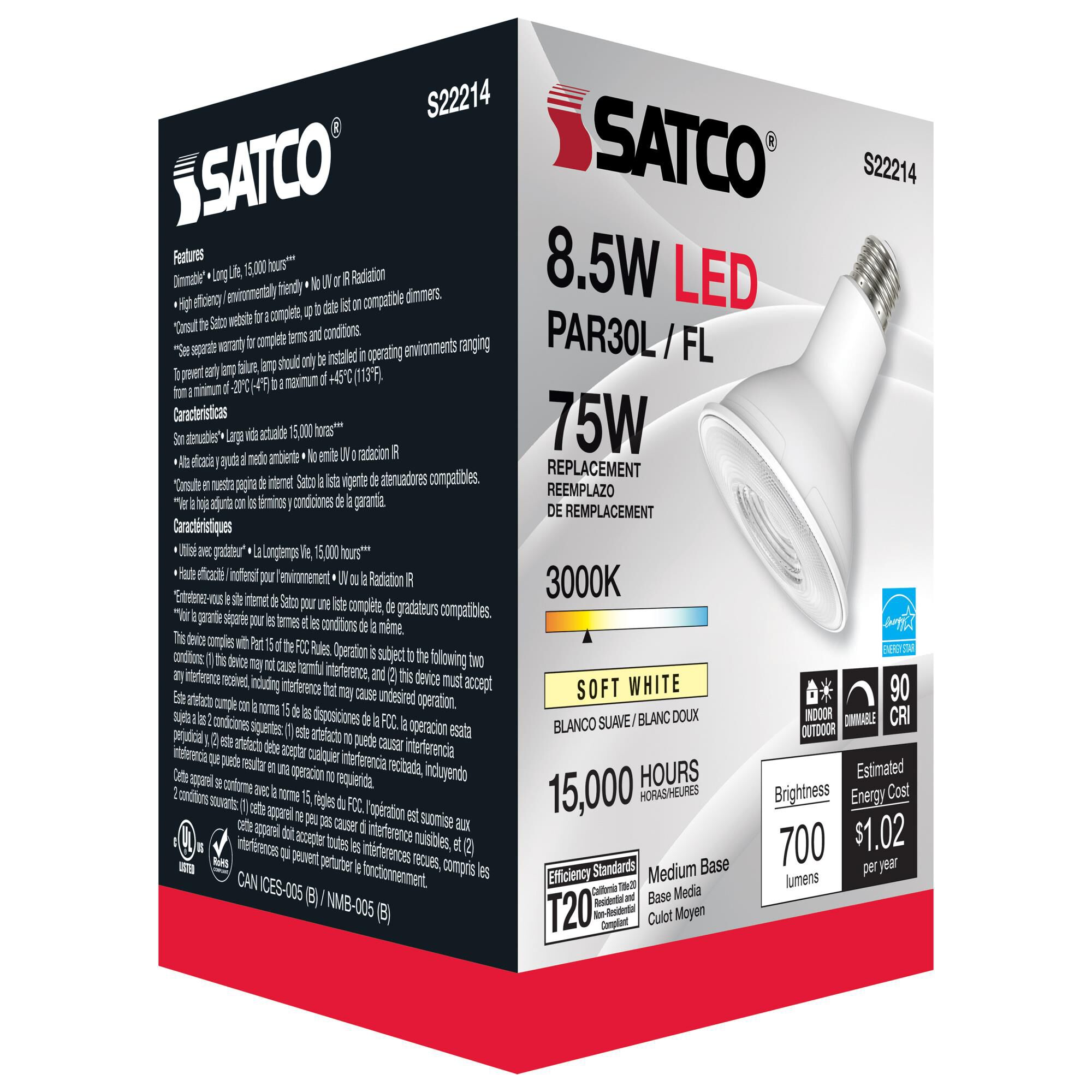 Dimmable 8.5 Watt 3000K PAR30LN LED Light Bulb by Satco