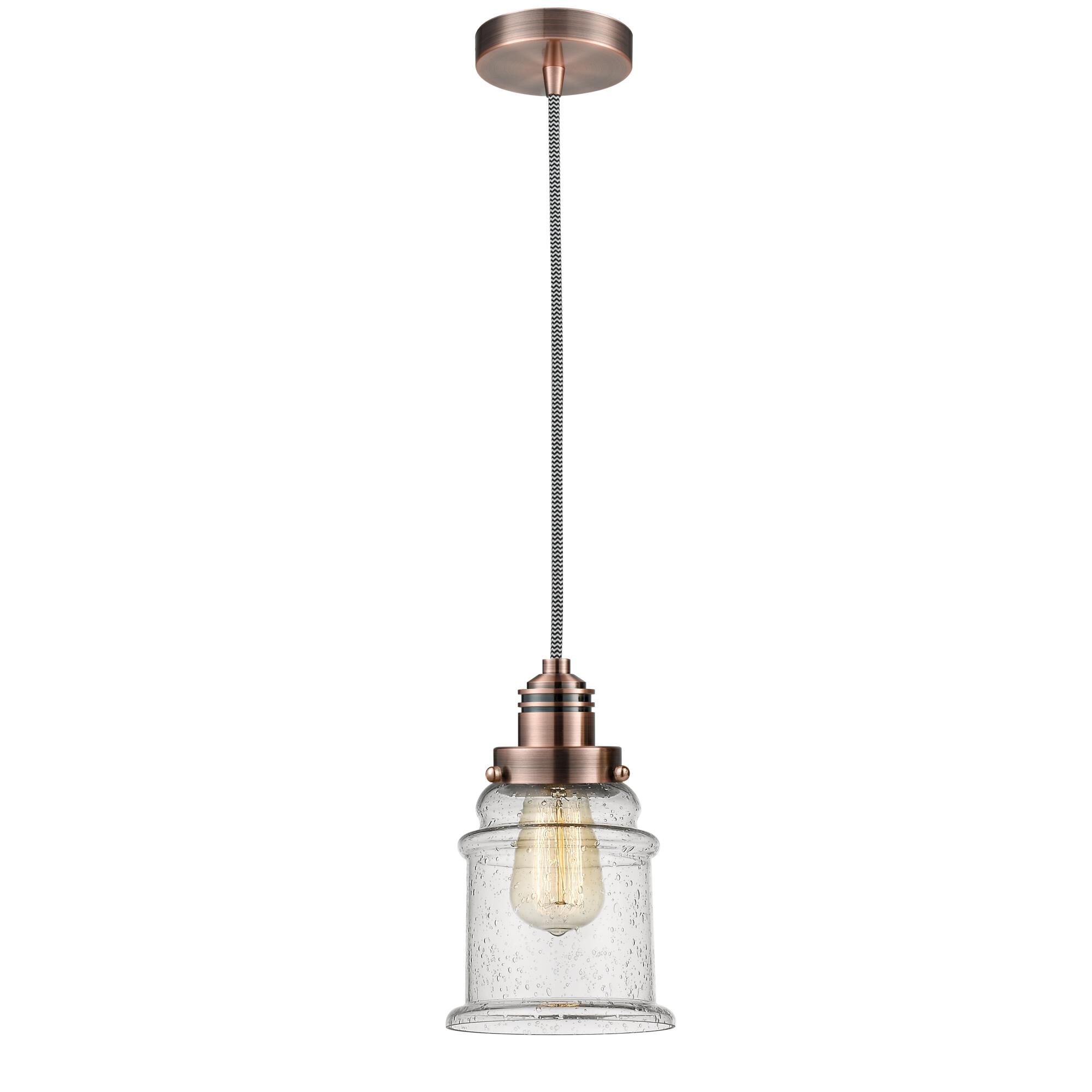 Shown in Antique Copper finish and Bell glass and Glass shade and Antique Copper Winchester Socket Cover accent